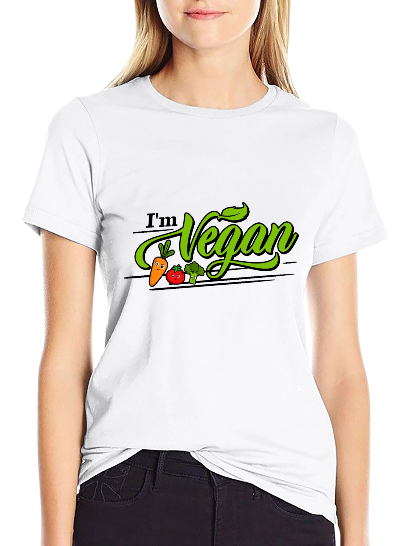 Black I'm Vegan Graphic T-Shirt - Black, Crew Neck view 9