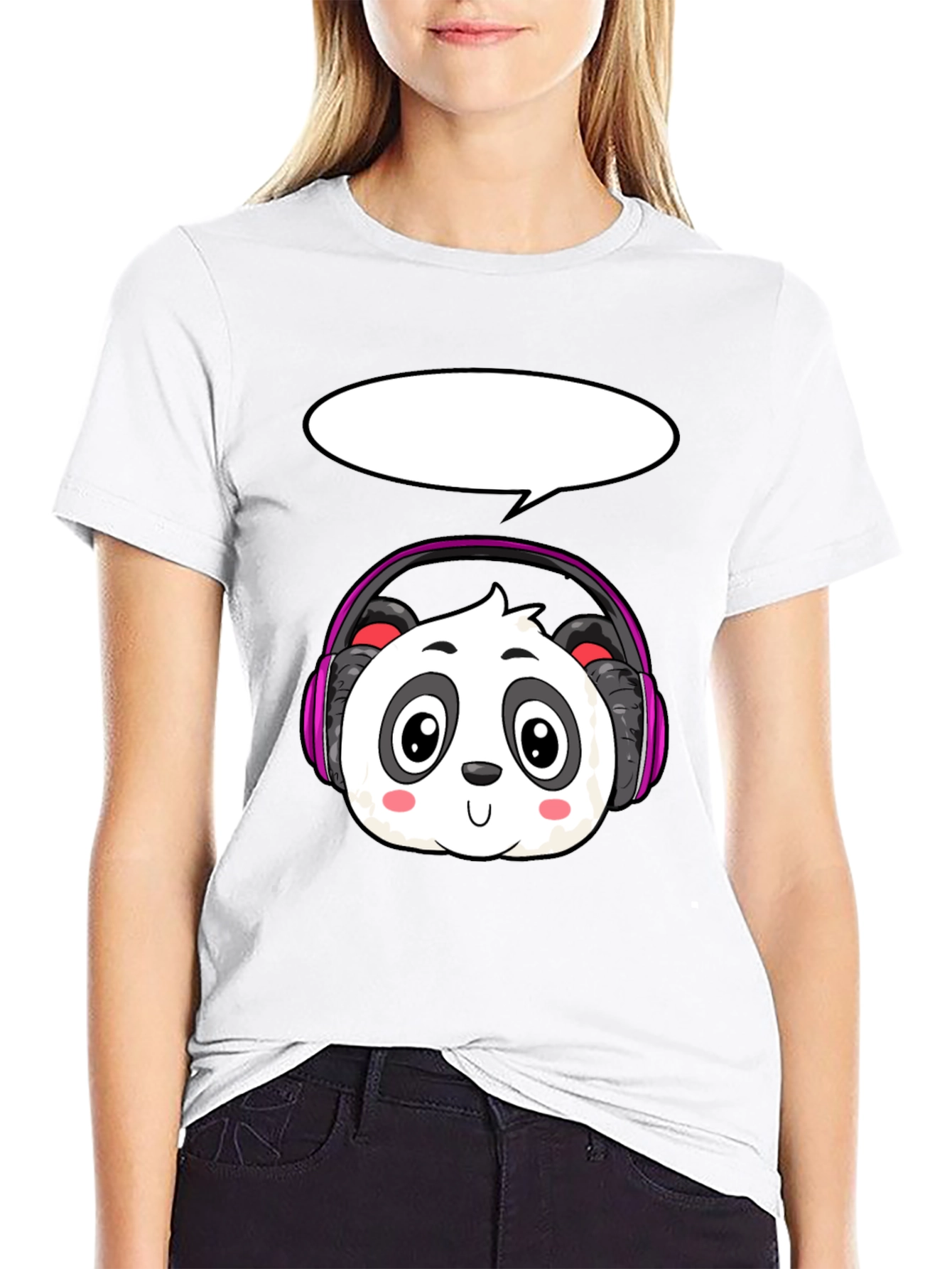 Black Cartoon Panda with Headphones T-Shirt view 9