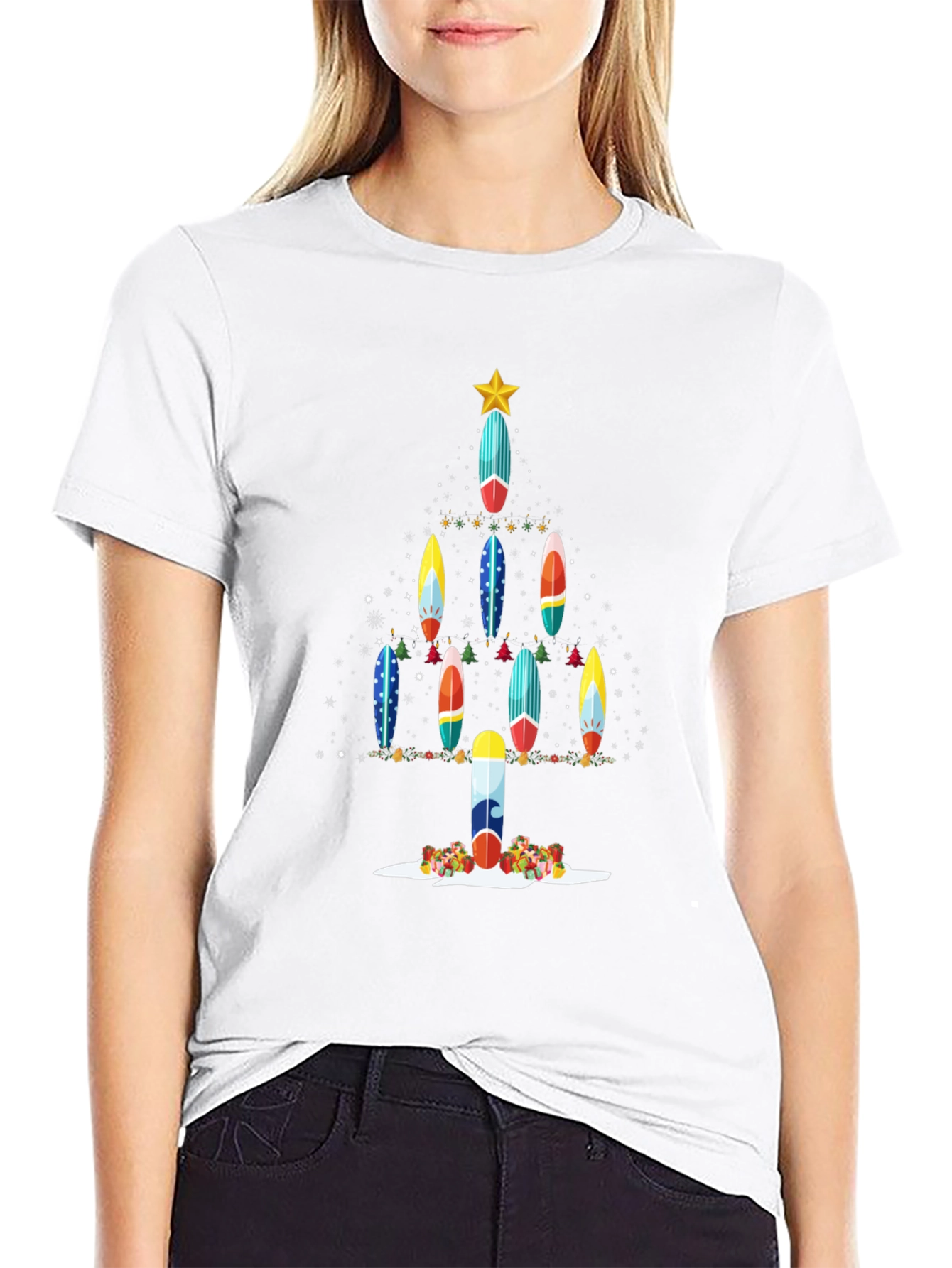 Black Surfboard Christmas Tree T-Shirt view 9