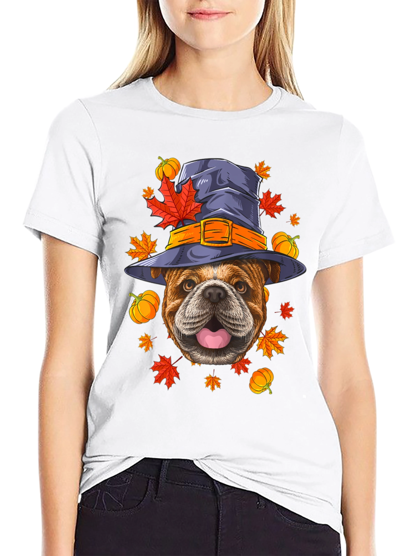 Black Bulldog Witch Hat Fall T-Shirt view 9