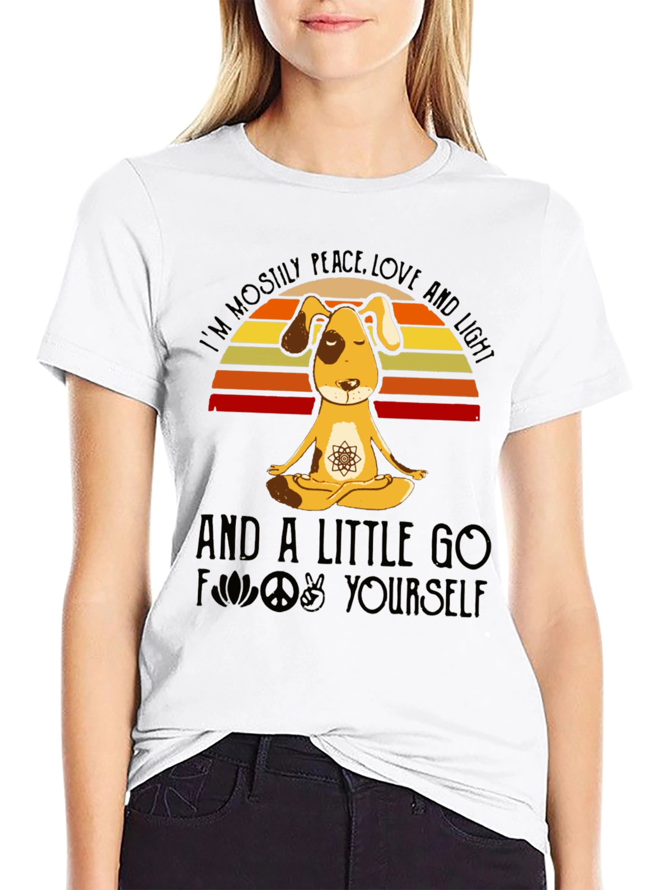 Black Peace Love and Light Dog Yoga T-Shirt view 9