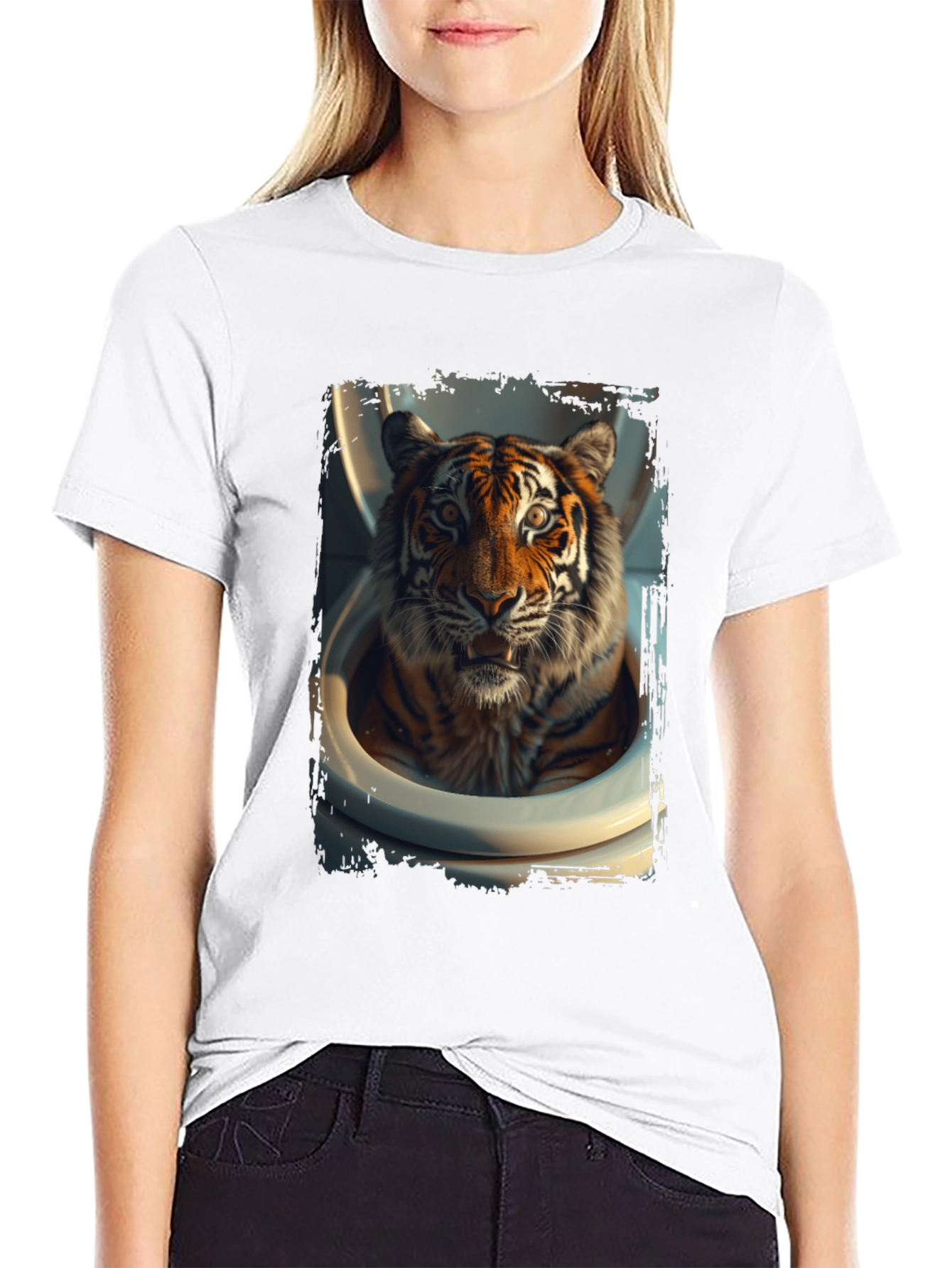 Black Tiger in Toilet Graphic Tee - Black Cotton T-Shirt view 9