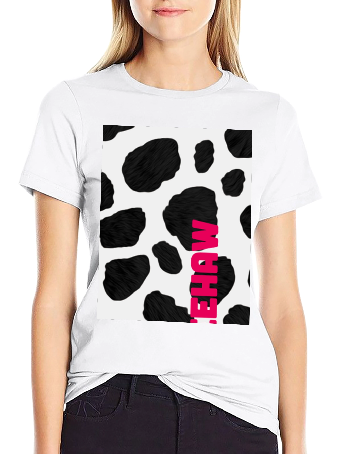 Black Cow Print T-Shirt with Pink Lettering view 9