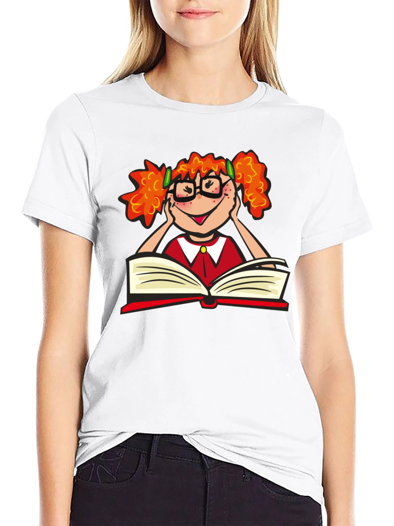 Black Nerdy Girl Reading T-Shirt - Black Cotton Tee view 9
