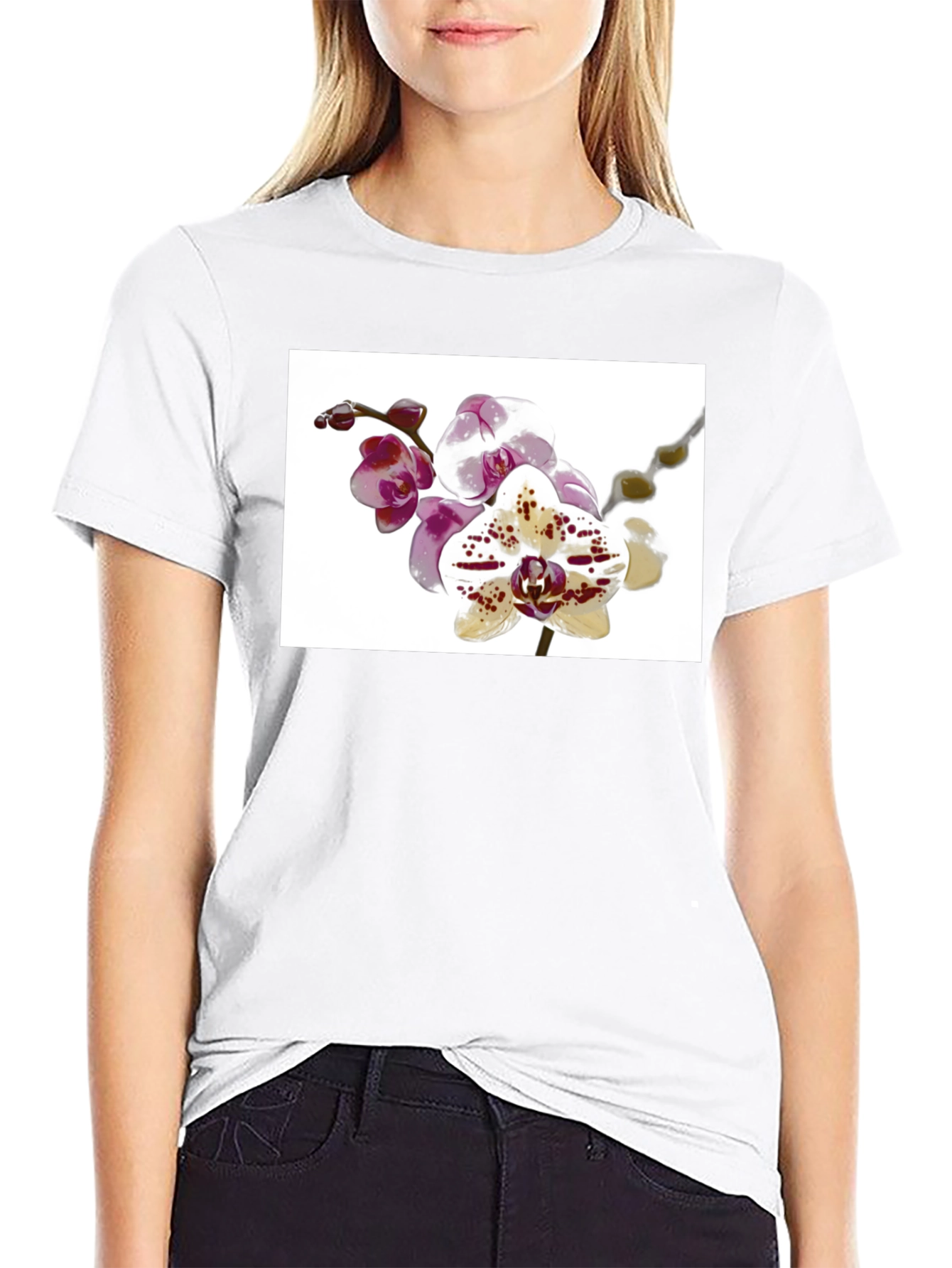 Black Floral Orchid Print Black T-Shirt view 9