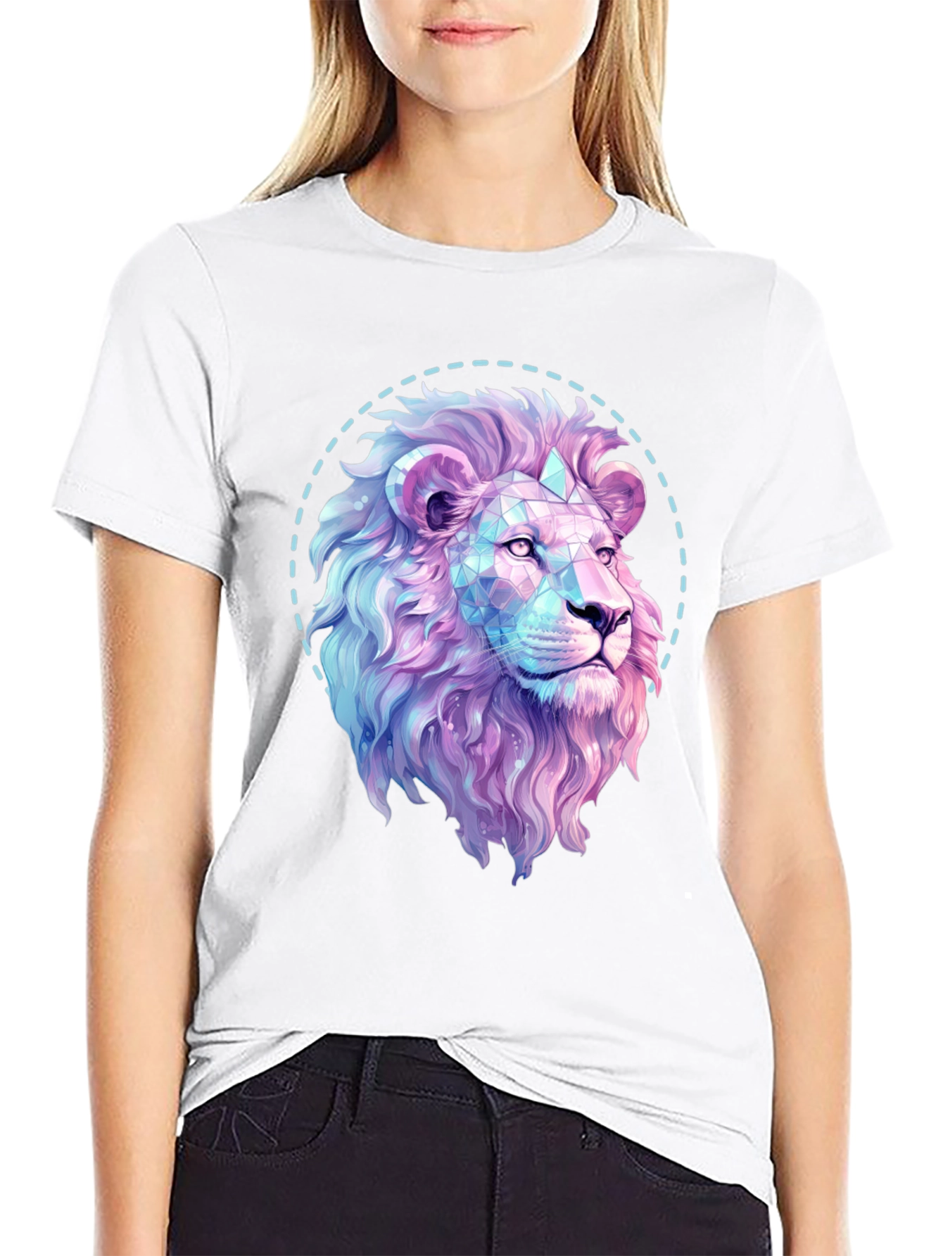Black Geometric Lion Graphic Print Black T-Shirt view 9