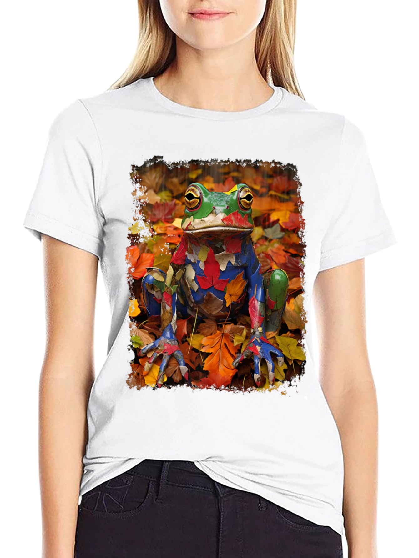 Black Frog in Fall Leaves Black T-Shirt view 9
