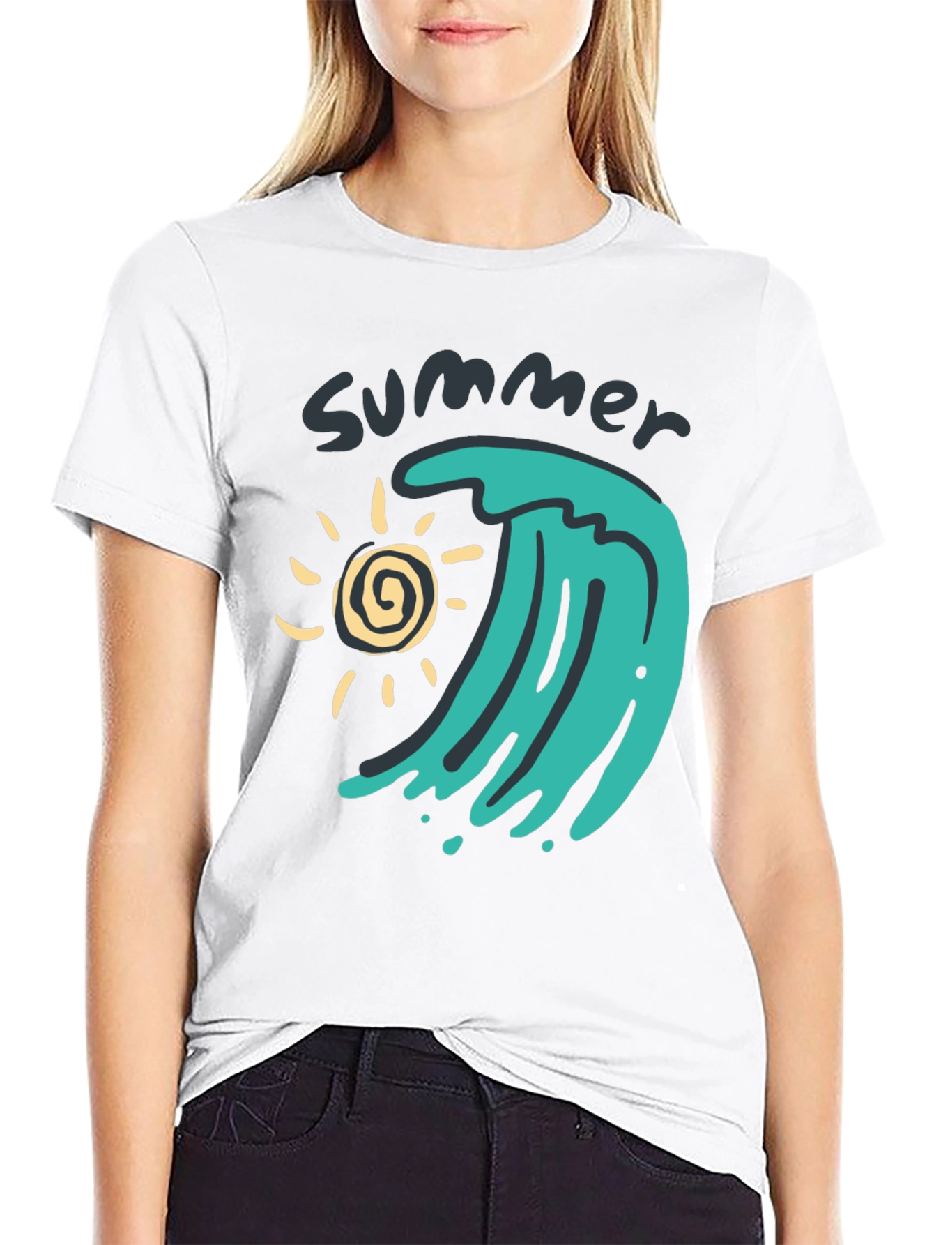 Black Summer Wave Graphic Tee - Black Cotton T-Shirt view 9