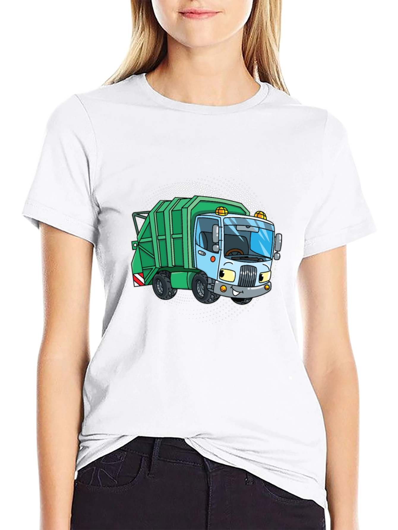 Black Garbage Truck Cartoon T-Shirt - Black Crew Neck Tee view 9