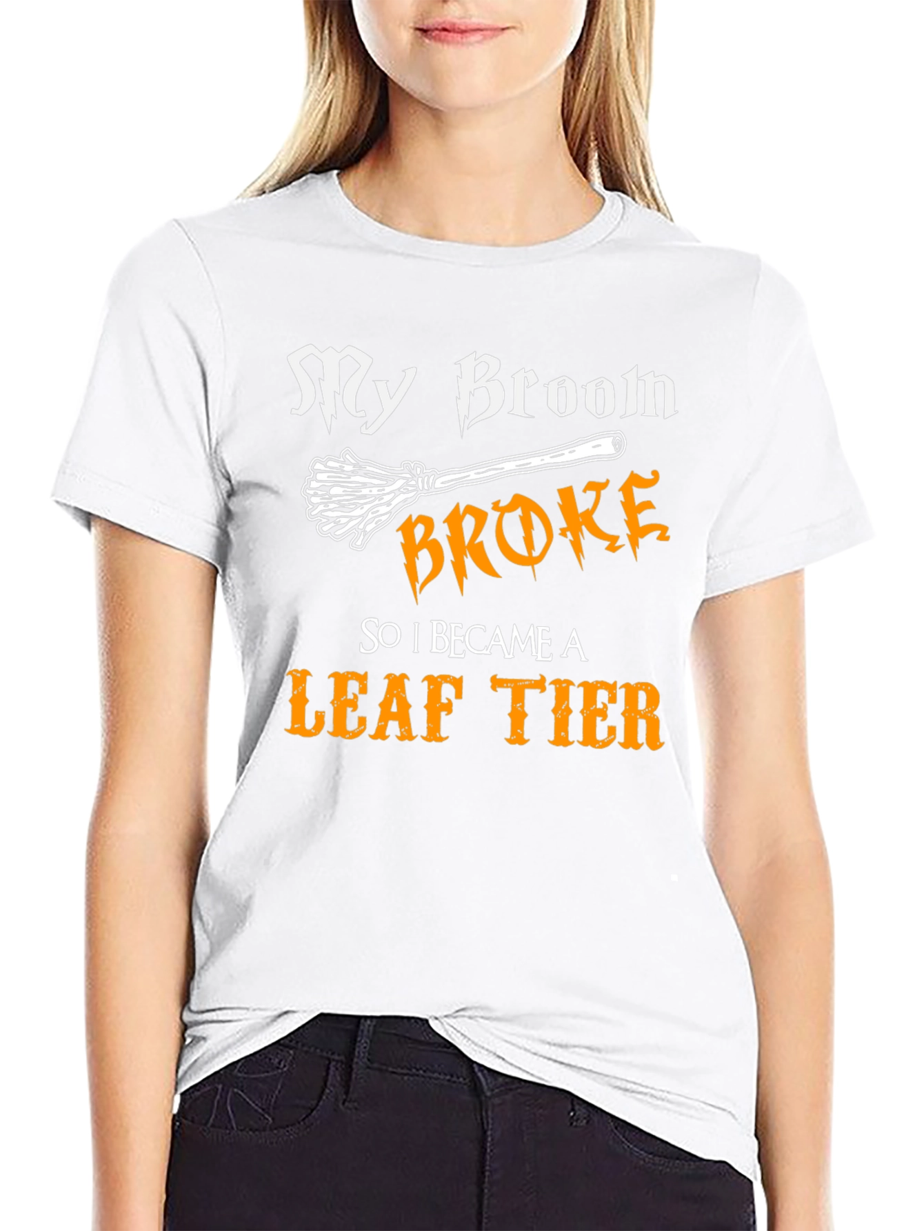 Black My Broom Broke Leaf Tier T-Shirt view 9