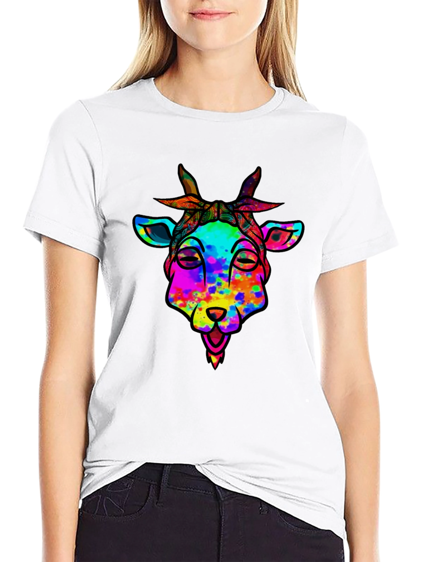 Black Colorful Goat Graphic Tee - Black Cotton Blend view 9