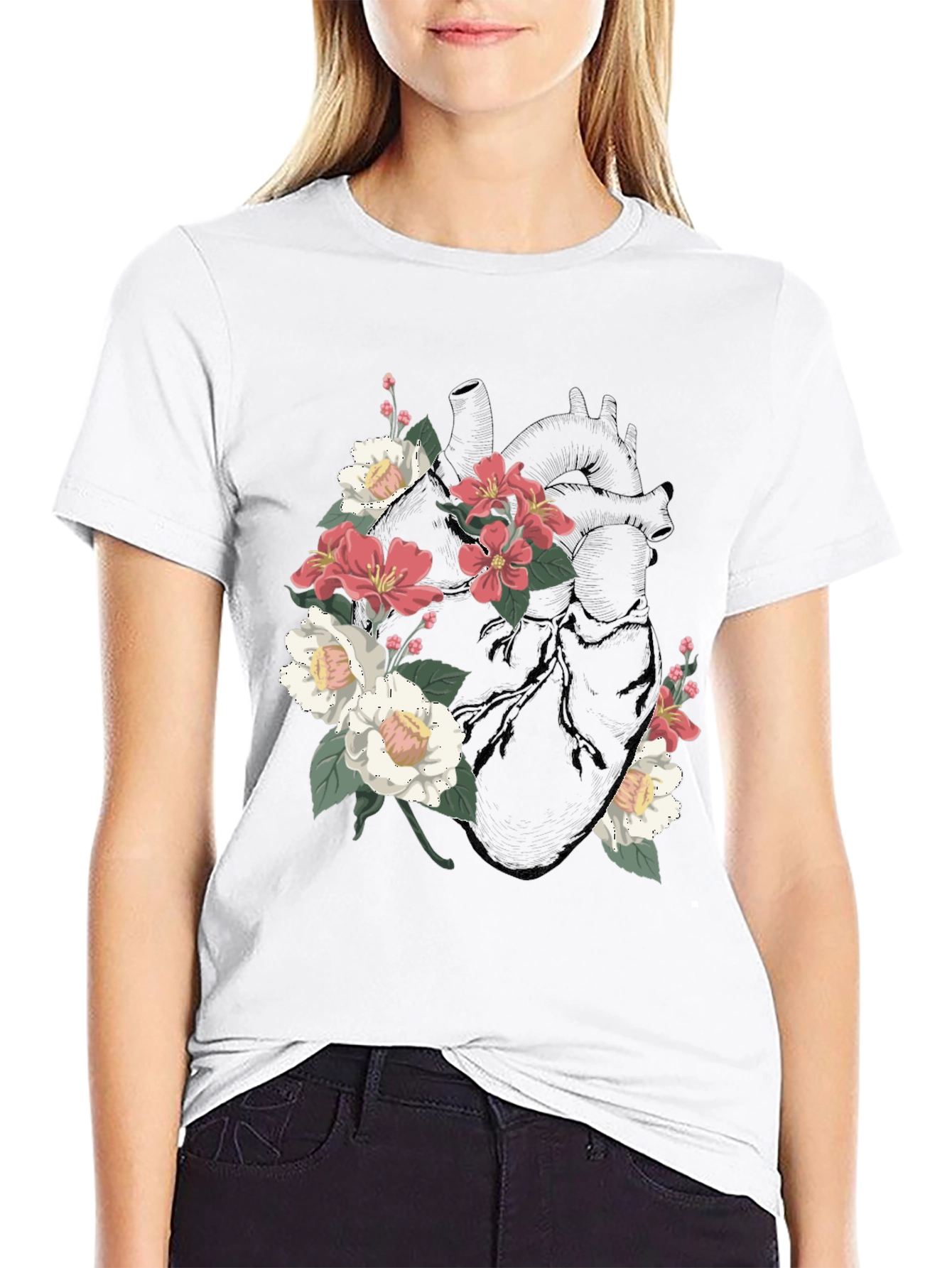 Black Floral Heart Graphic T-Shirt - Black view 9