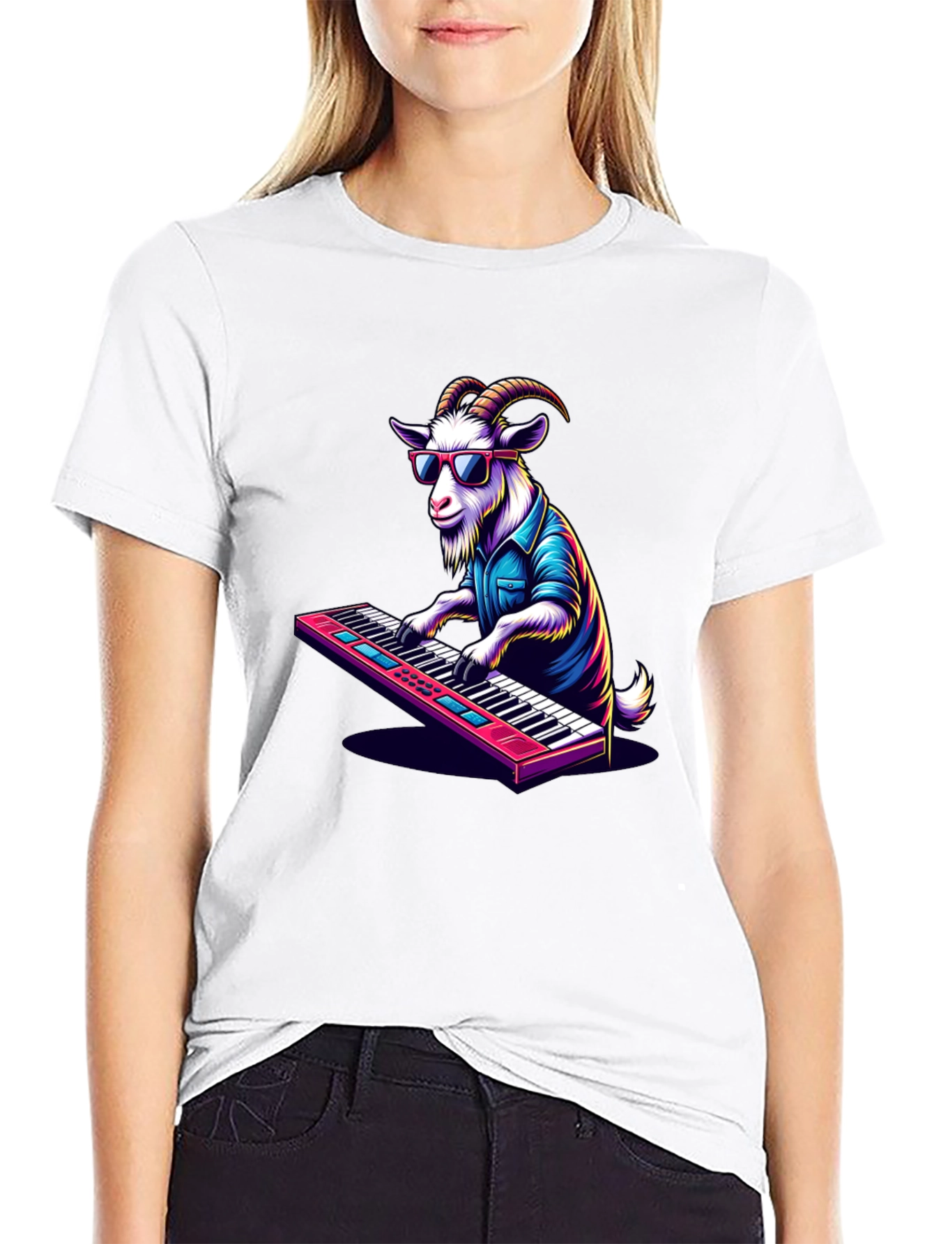 Black Goat Playing Keyboard T-Shirt - Cool Animal Tee view 9