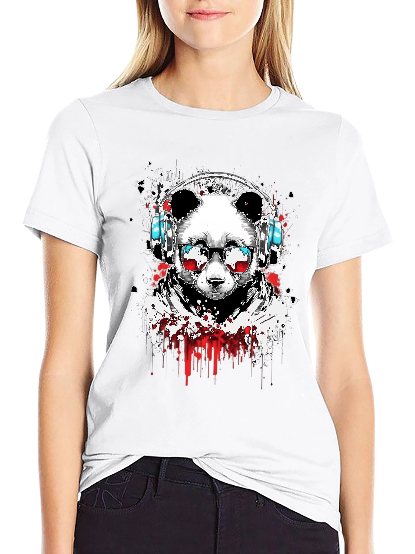 Black Cool Panda DJ Graphic Tee - Black Crew Neck T-Shirt view 9