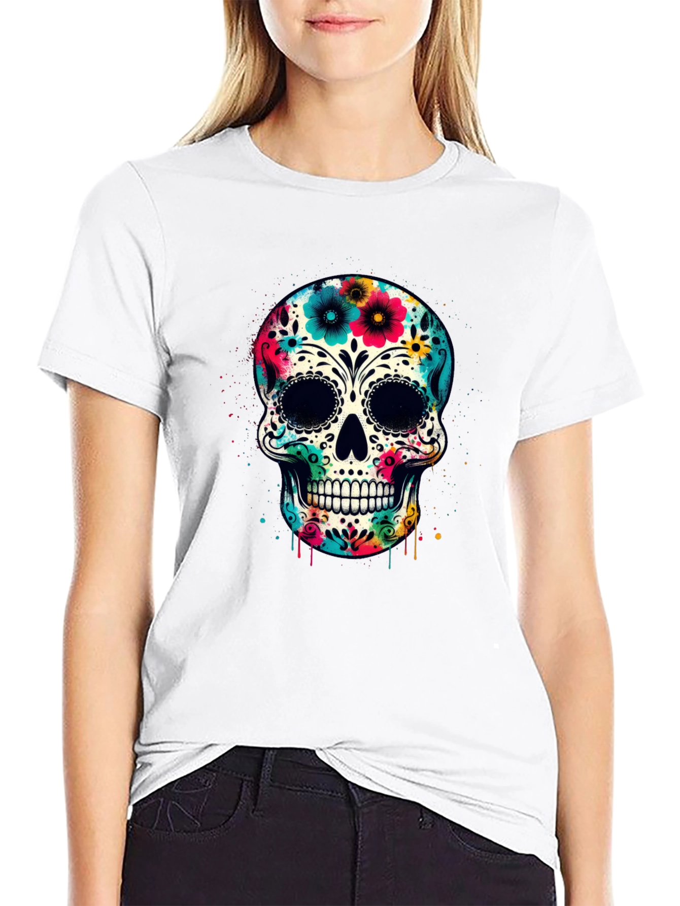 Black Floral Sugar Skull Graphic Tee - Day of the Dead Style view 9