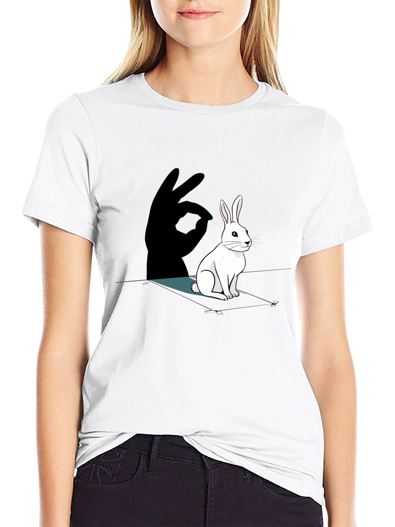 Black Rabbit Shadow Hand T-Shirt - Black Cotton Tee view 9