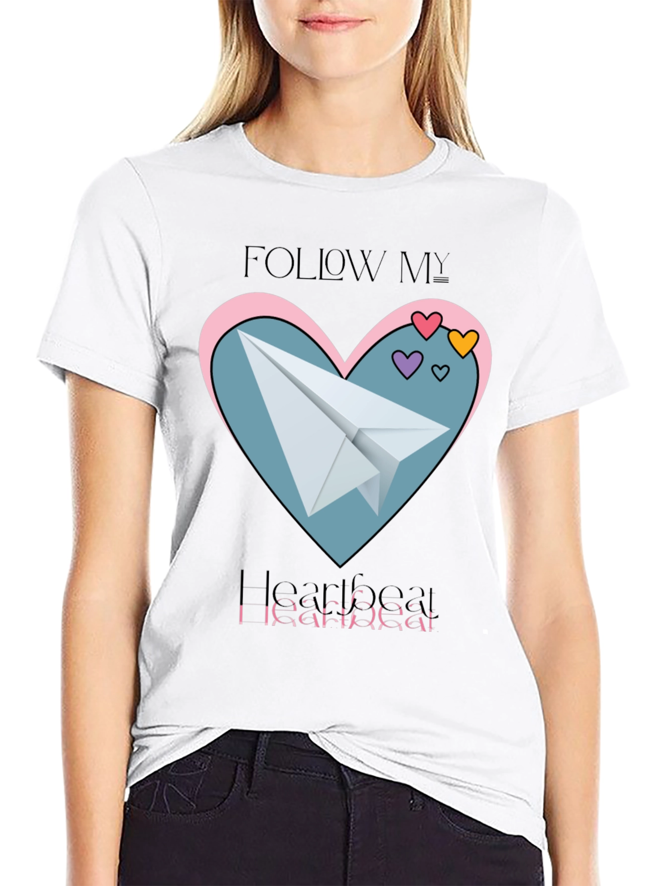 Black Follow My Heartbeat T-Shirt: Paper Airplane Love Design view 9