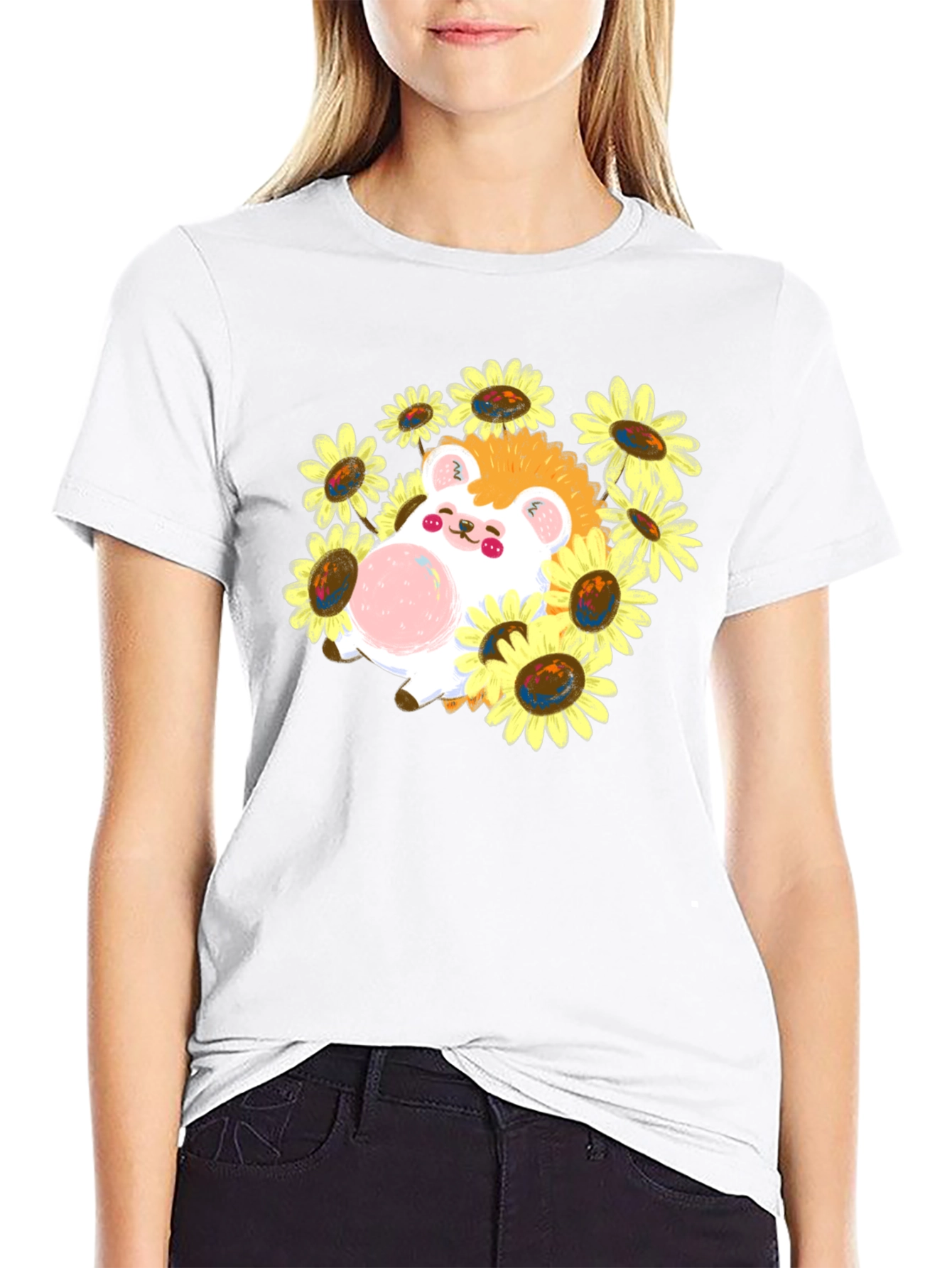 Black Cute Hedgehog Sunflower T-Shirt view 9