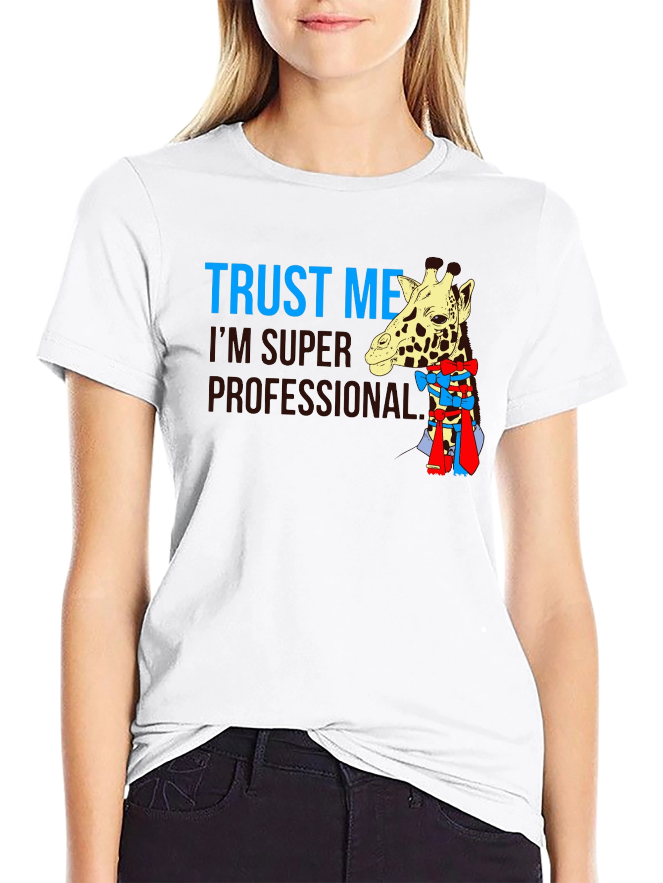 Black Trust Me I'm Super Professional Giraffe Bow T-Shirt view 9