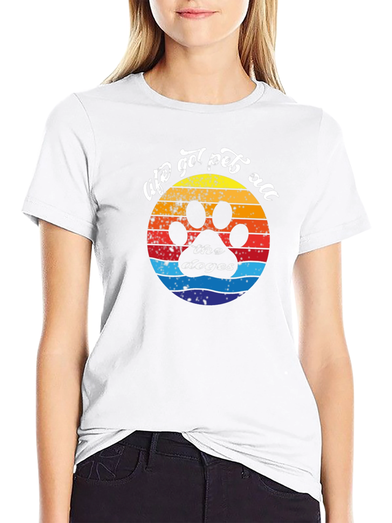 Black Retro Dog Paw T-Shirt - "life got pet all the doges" view 9