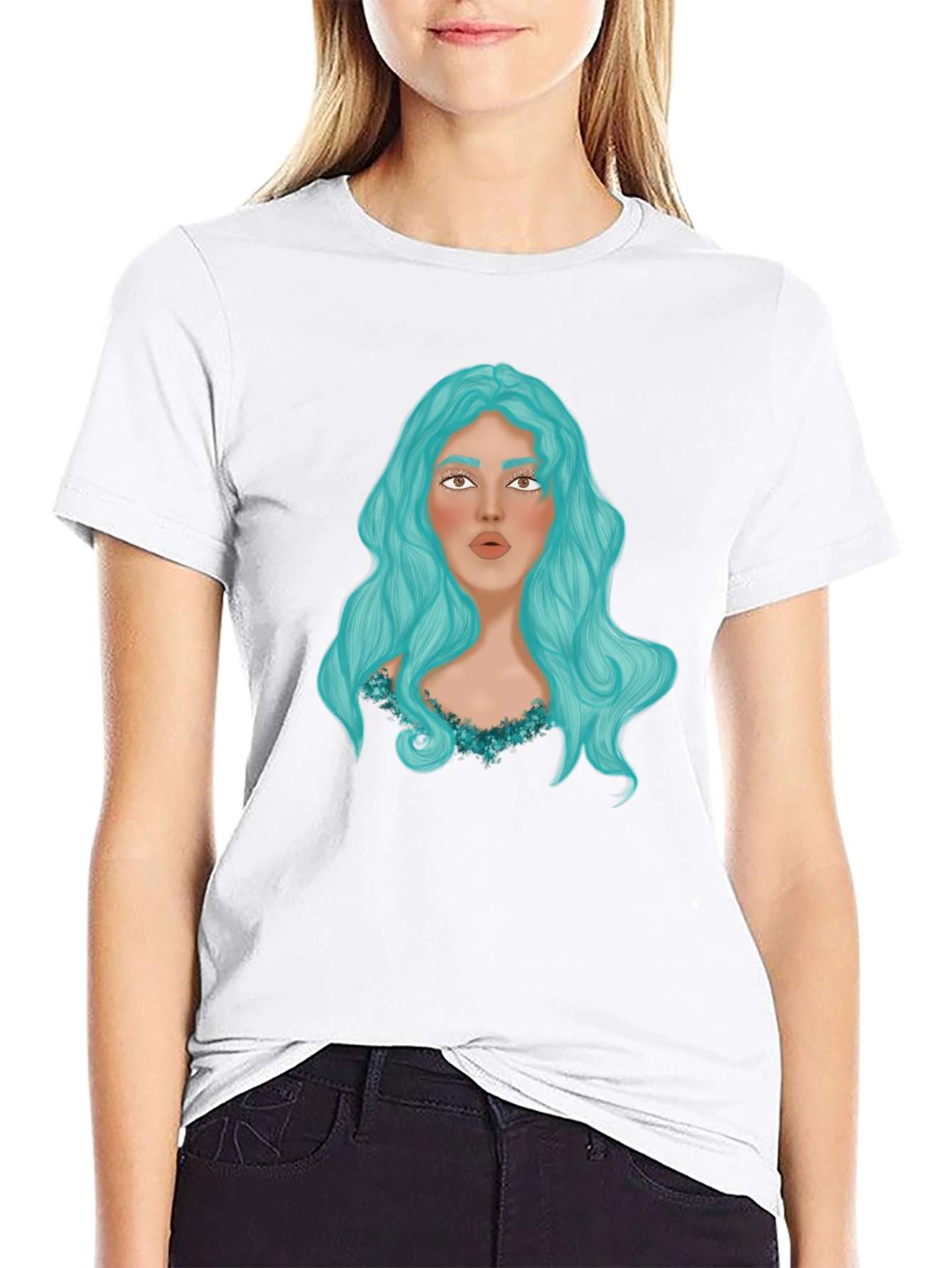 Black Graphic Print T-Shirt - Woman with Blue Hair view 9