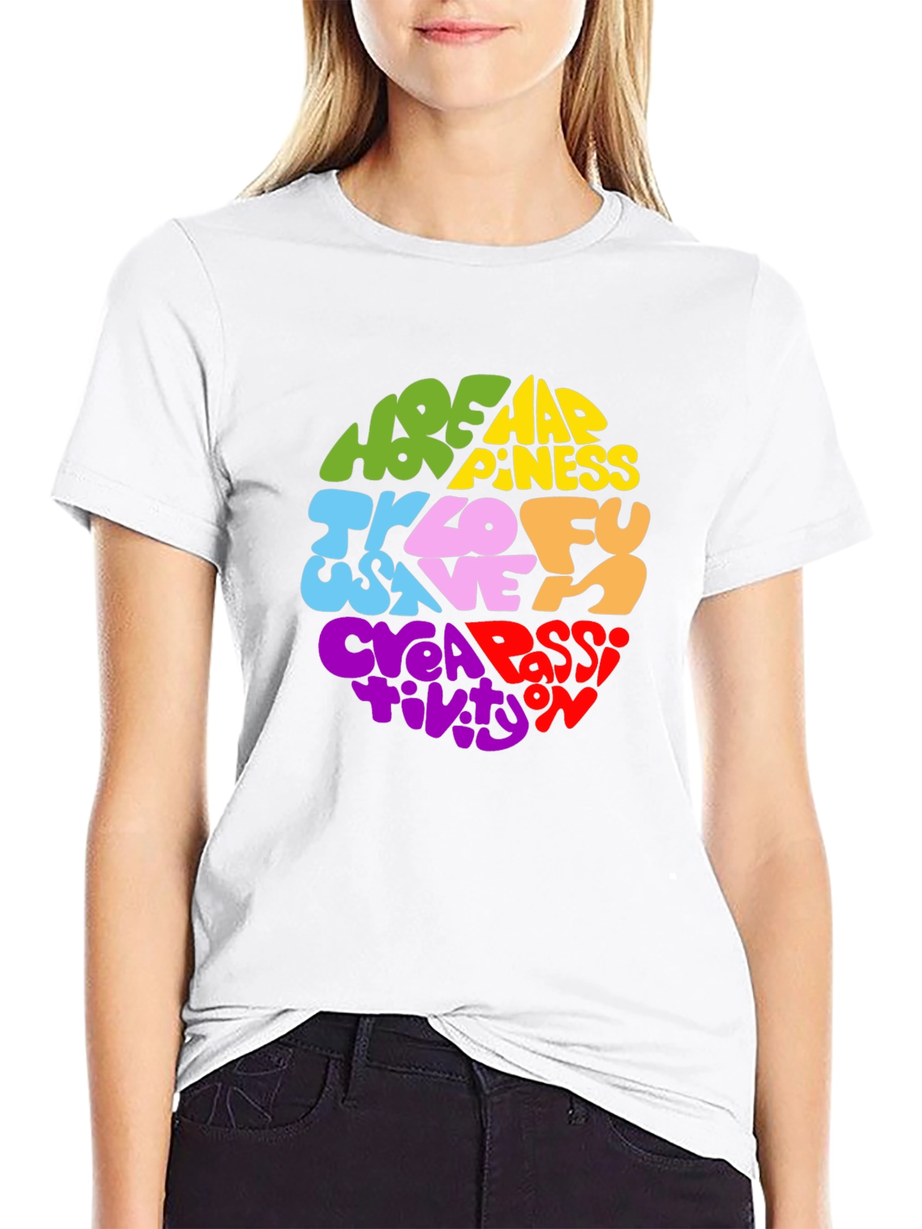 Black Colorful Word Art Graphic Print T-Shirt view 9