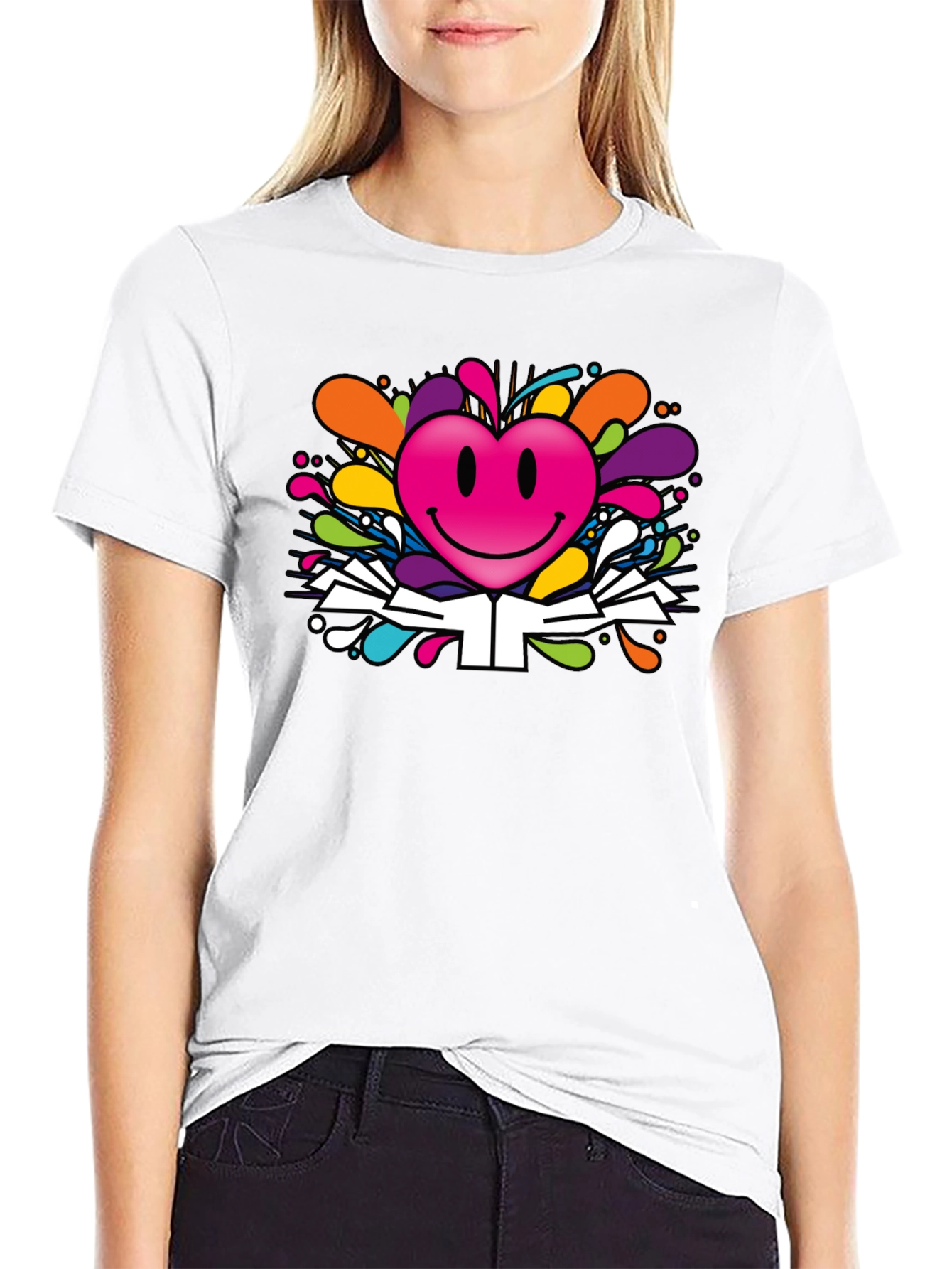 Black Smiley Heart Graphic Tee - Colorful Fun Design view 9