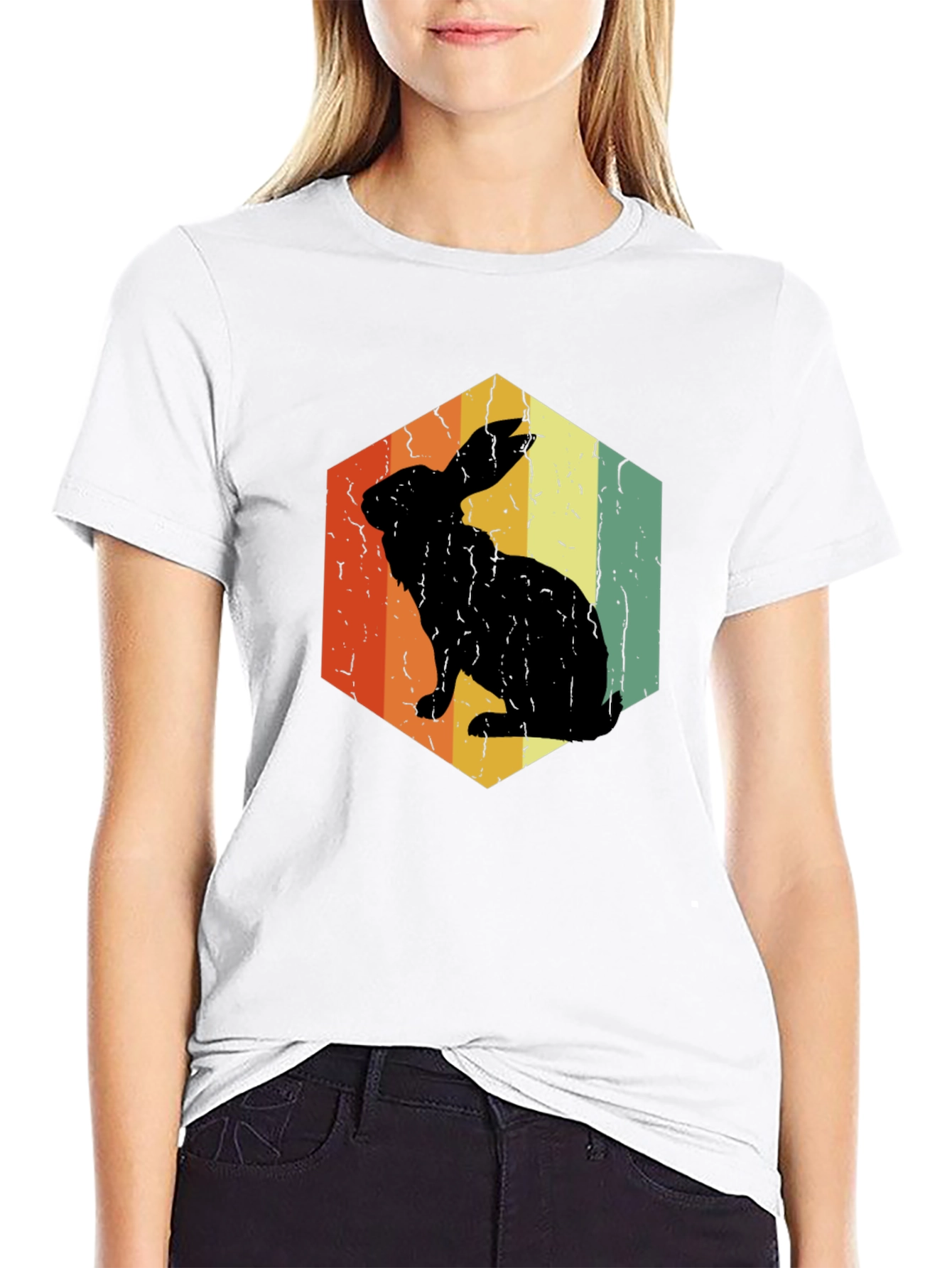 Black Retro Rabbit Hexagon Graphic T-Shirt view 9