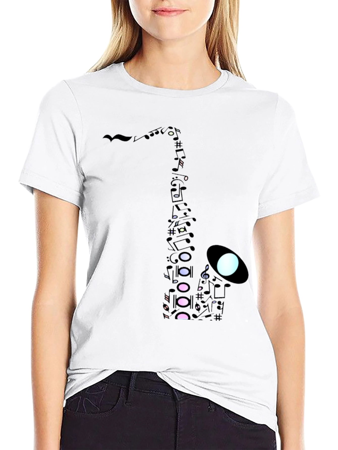 Black Saxophone Music Note Graphic Tee - Black Cotton Casual view 9