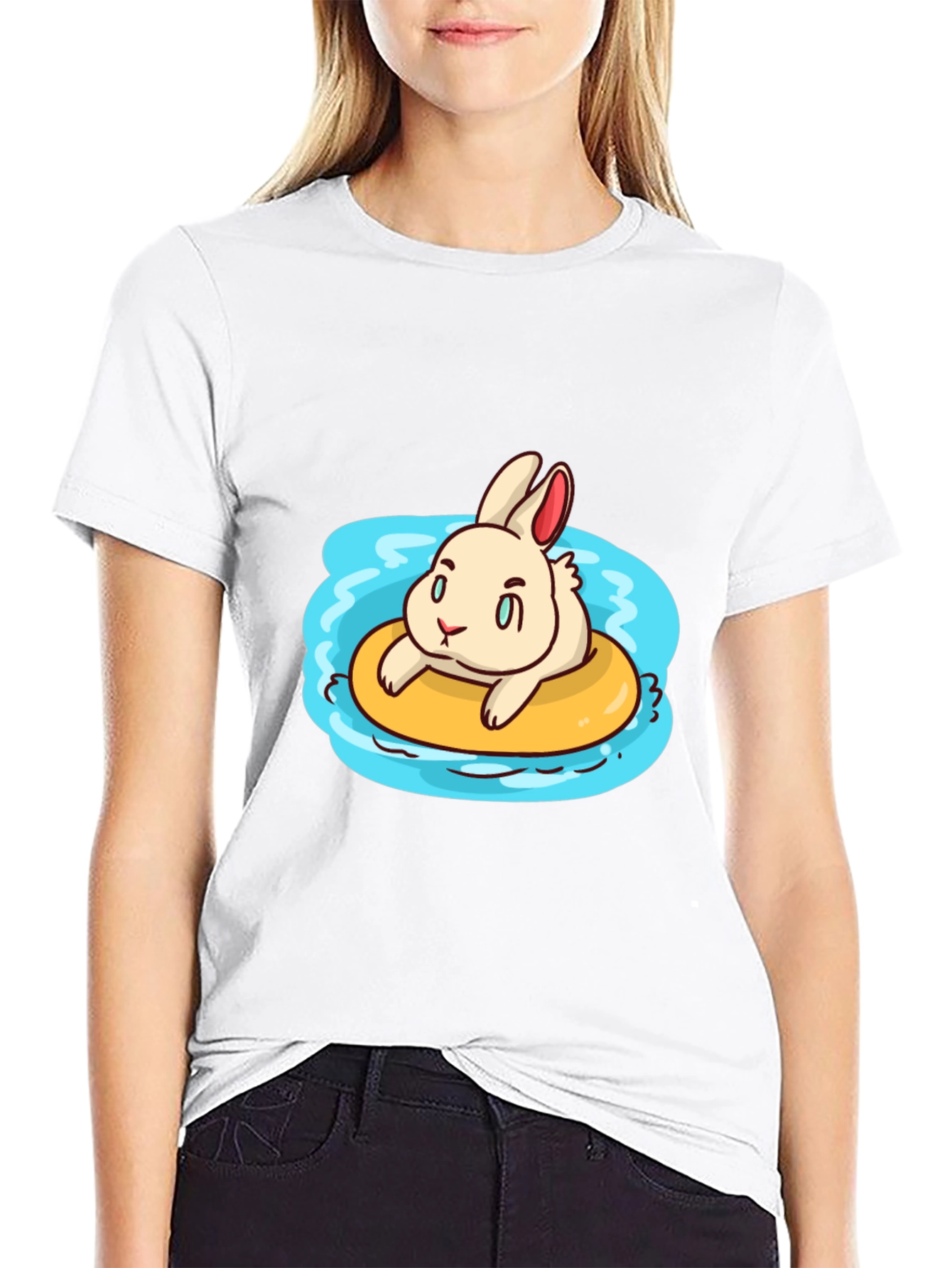 Black Cartoon Bunny on Float Black T-Shirt view 9