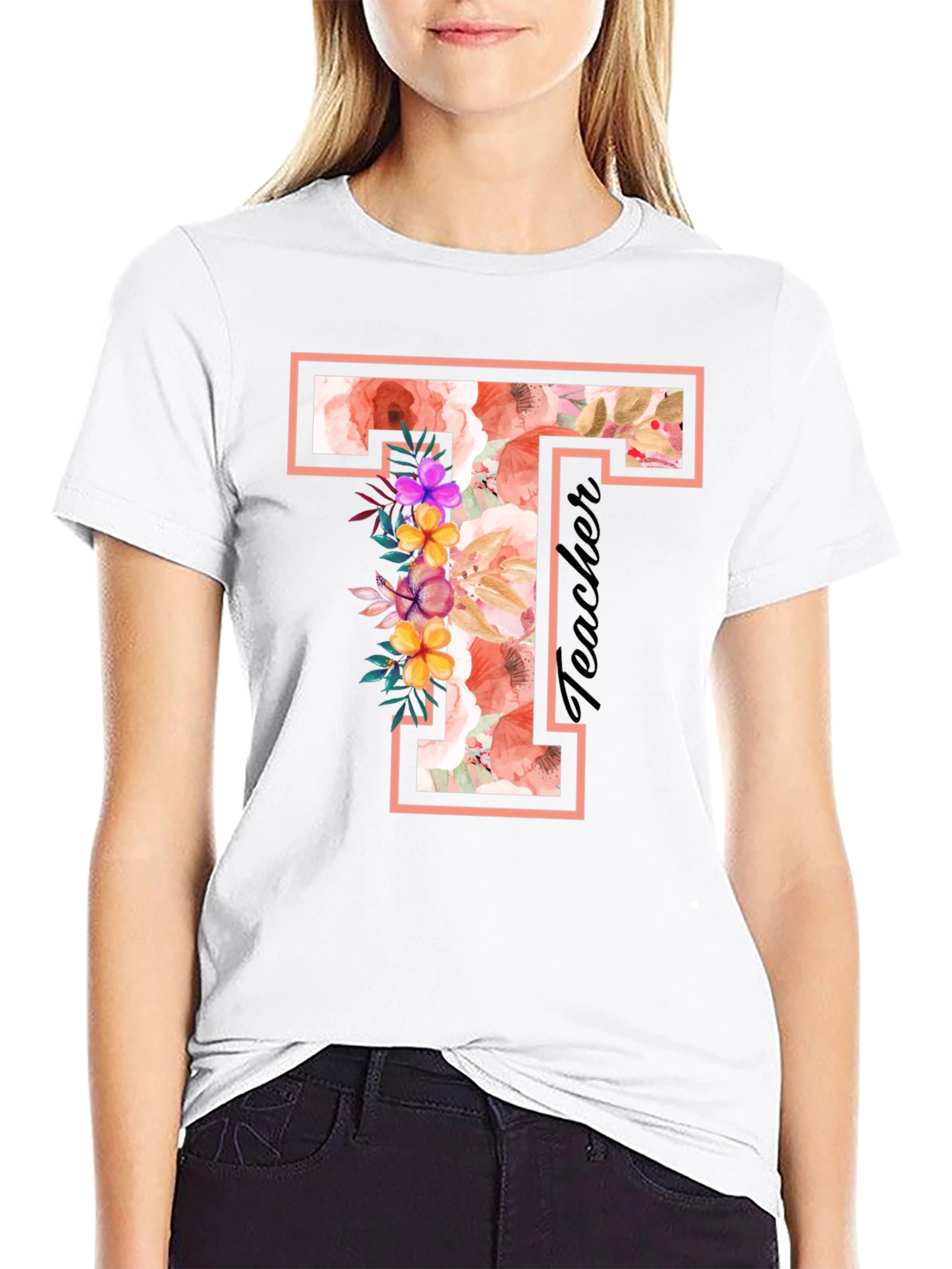Black Floral T Teacher T-Shirt view 9