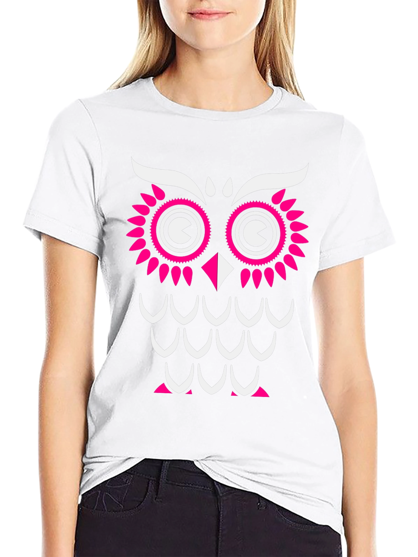 Black Owl Graphic Print T-Shirt - Black with Pink & White Design view 9