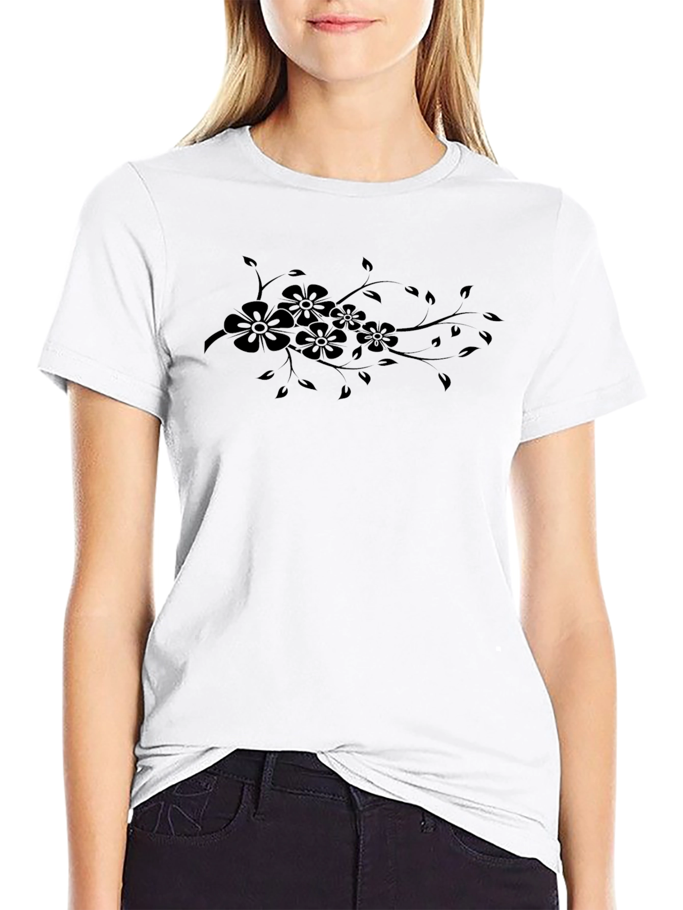 Black Elegant Black Floral Vine Print Crew Neck T-Shirt view 9