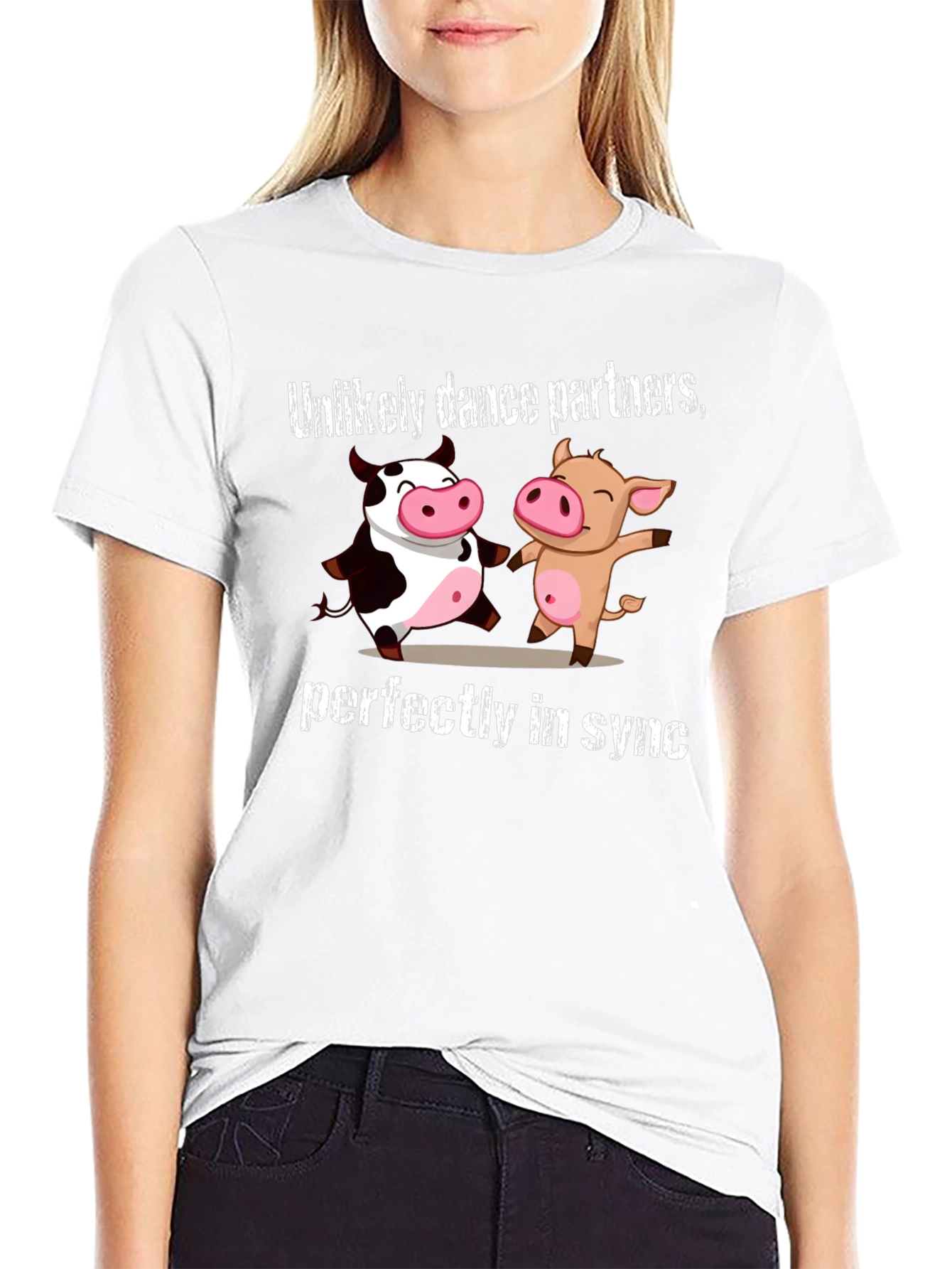 Black Unlikely Dance Partners Tee: Cow and Pig in Sync view 9