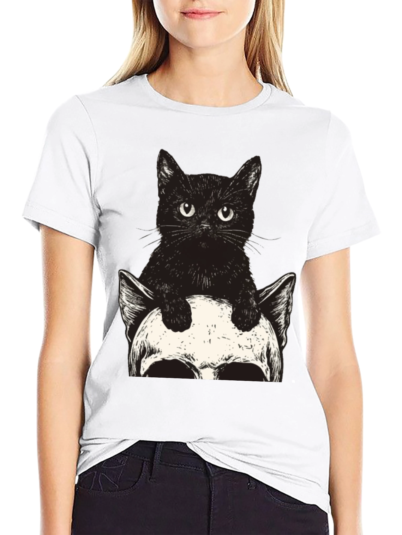 Black Cat & Skull Graphic Tee - Unique Print view 9