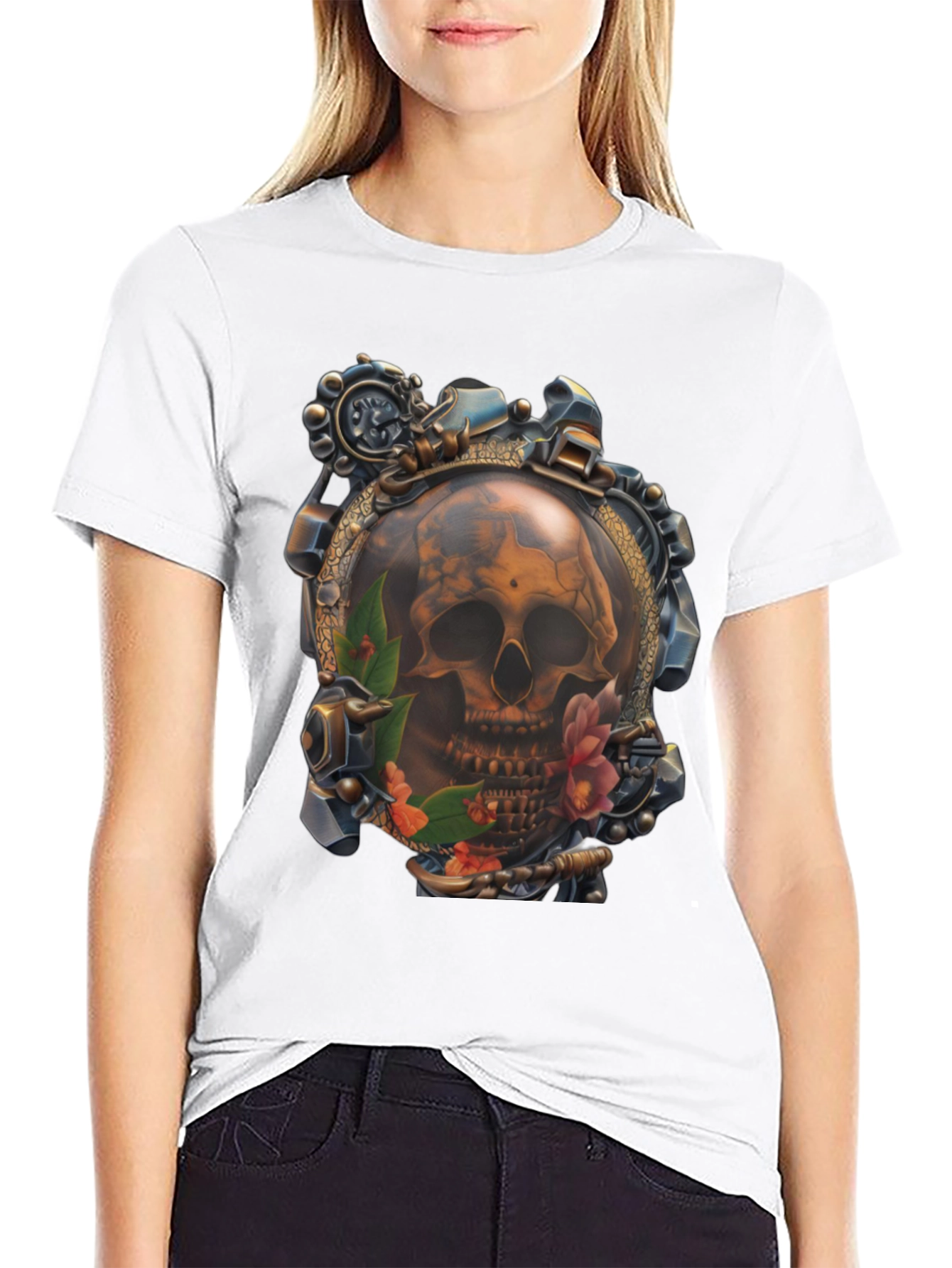 Black Steampunk Skull Graphic T-Shirt view 9