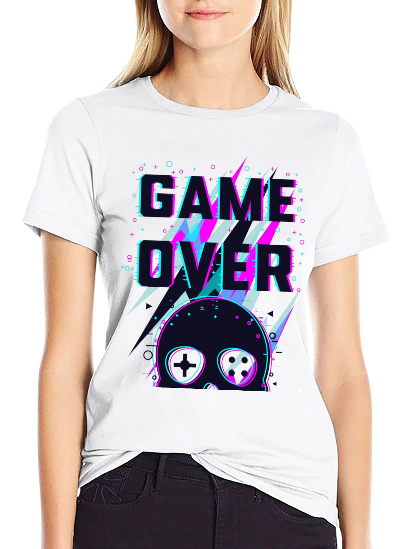 Black Game Over Skull Graphic Tee - Black Crew Neck view 9