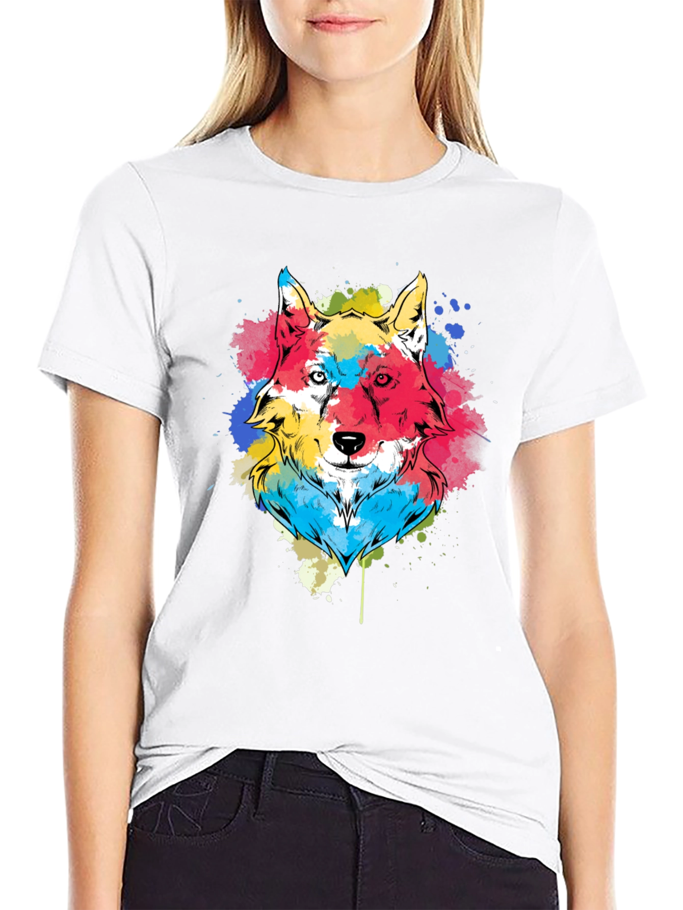 Black Colorful Wolf Graphic Tee - Black Cotton Blend view 9