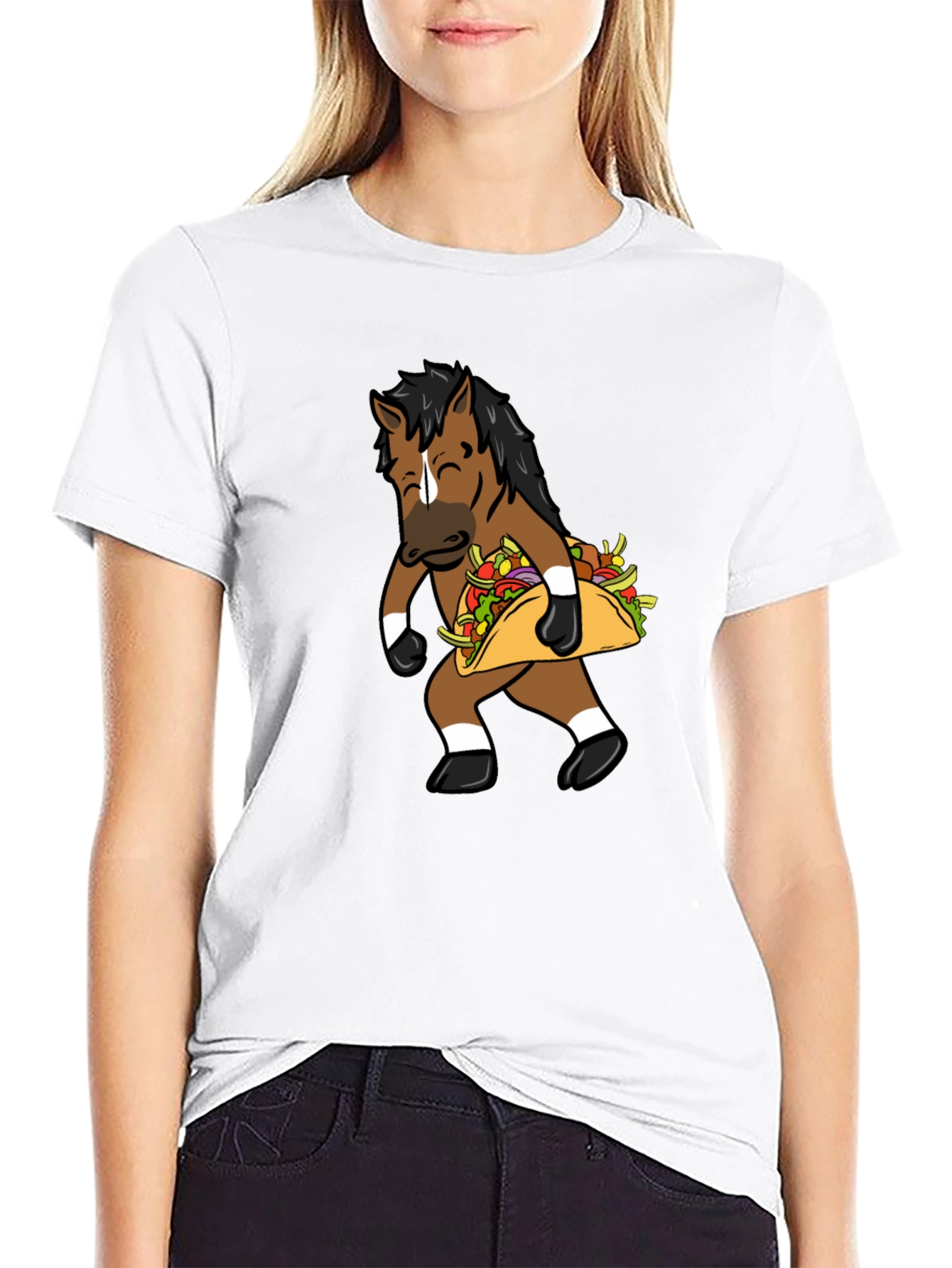 Black Funny Horse Taco Graphic Tee - Black Cotton T-Shirt view 9