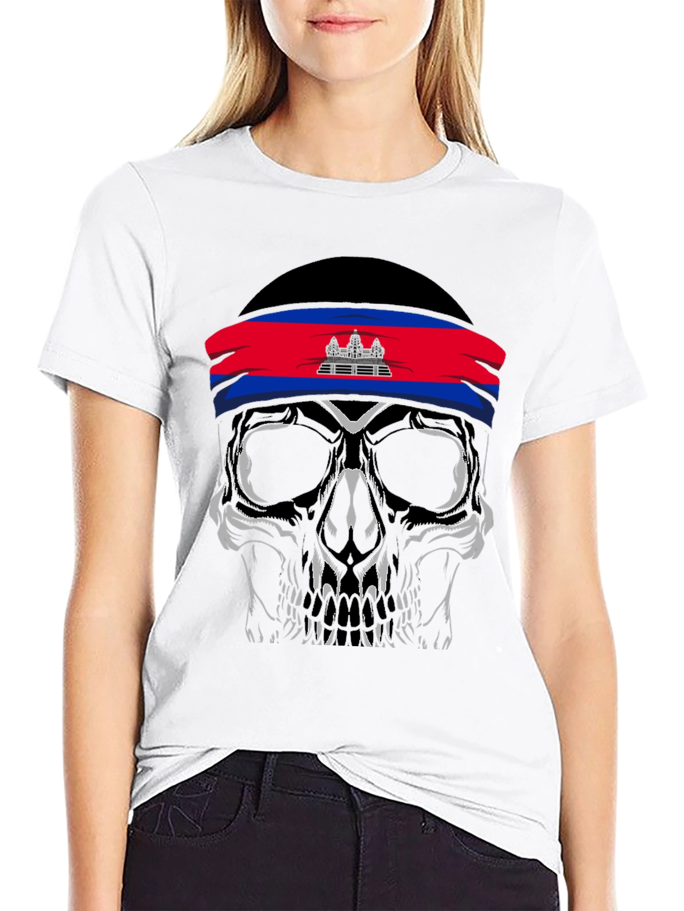 Skull T-Shirt Cambodia Flag Headband - 9
