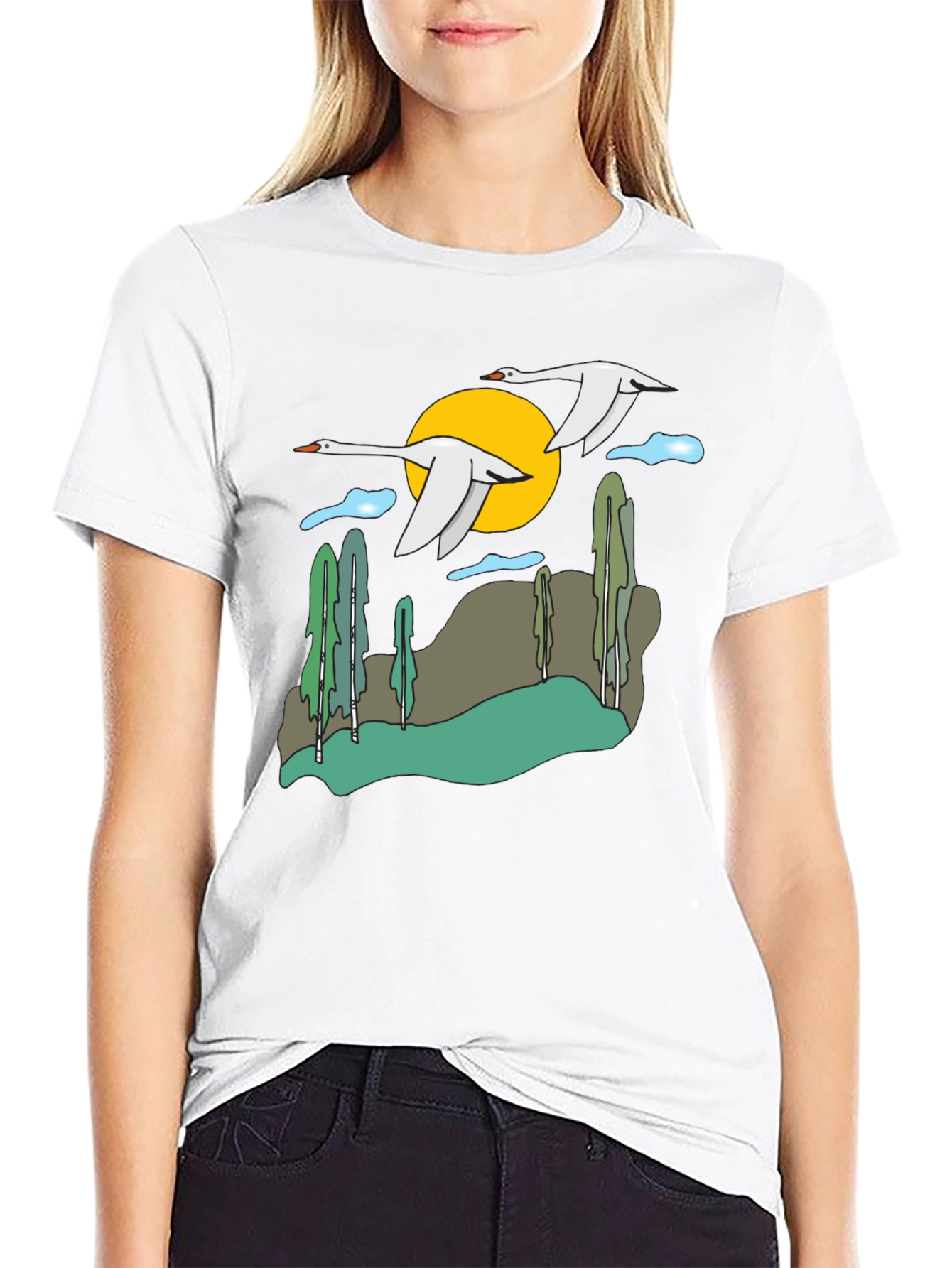 Black Nature Swans Graphic T-Shirt - Black Cotton Blend view 9