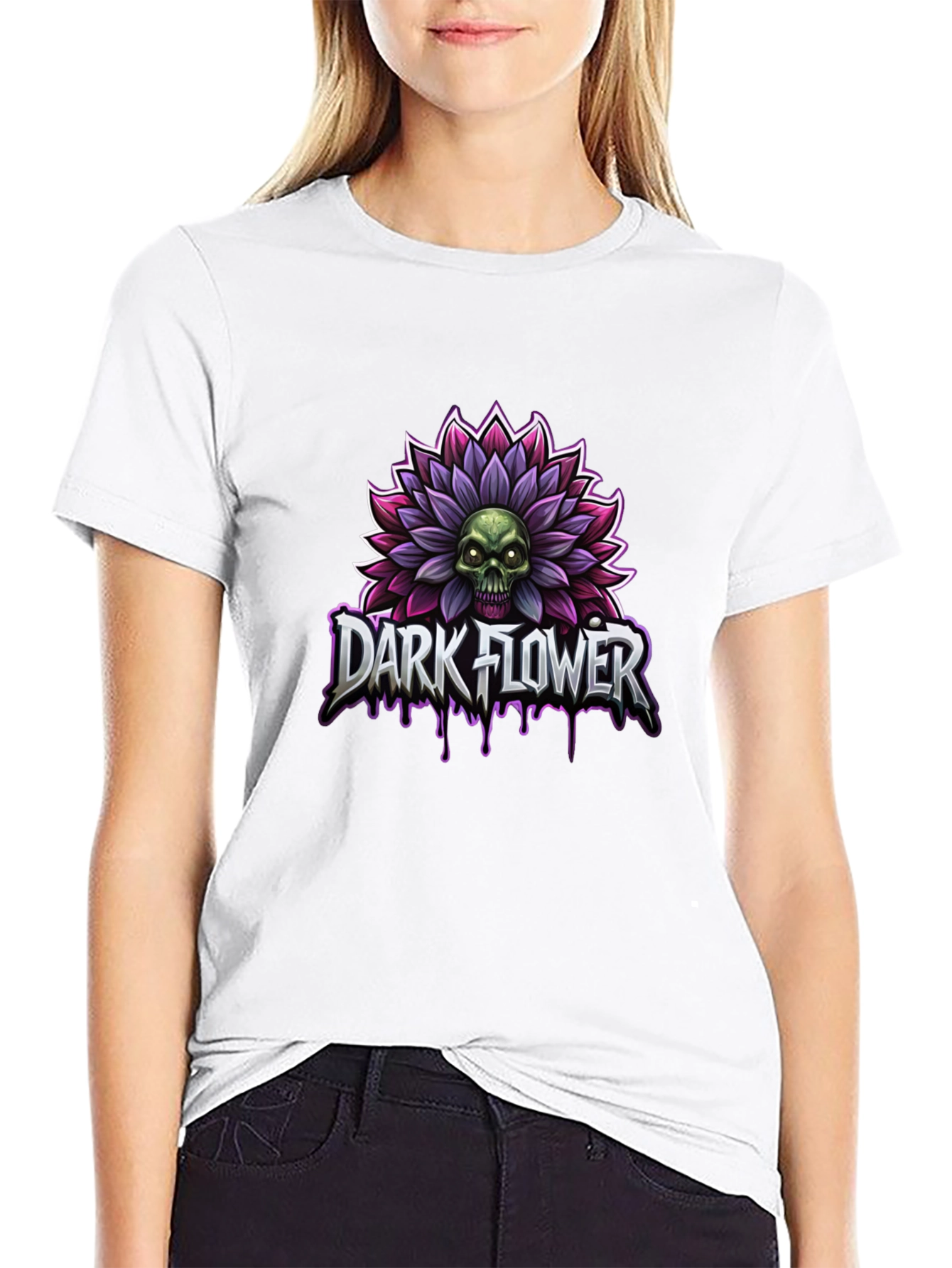 Black Dark Flower Graphic T-Shirt - Skull and Floral Design view 9