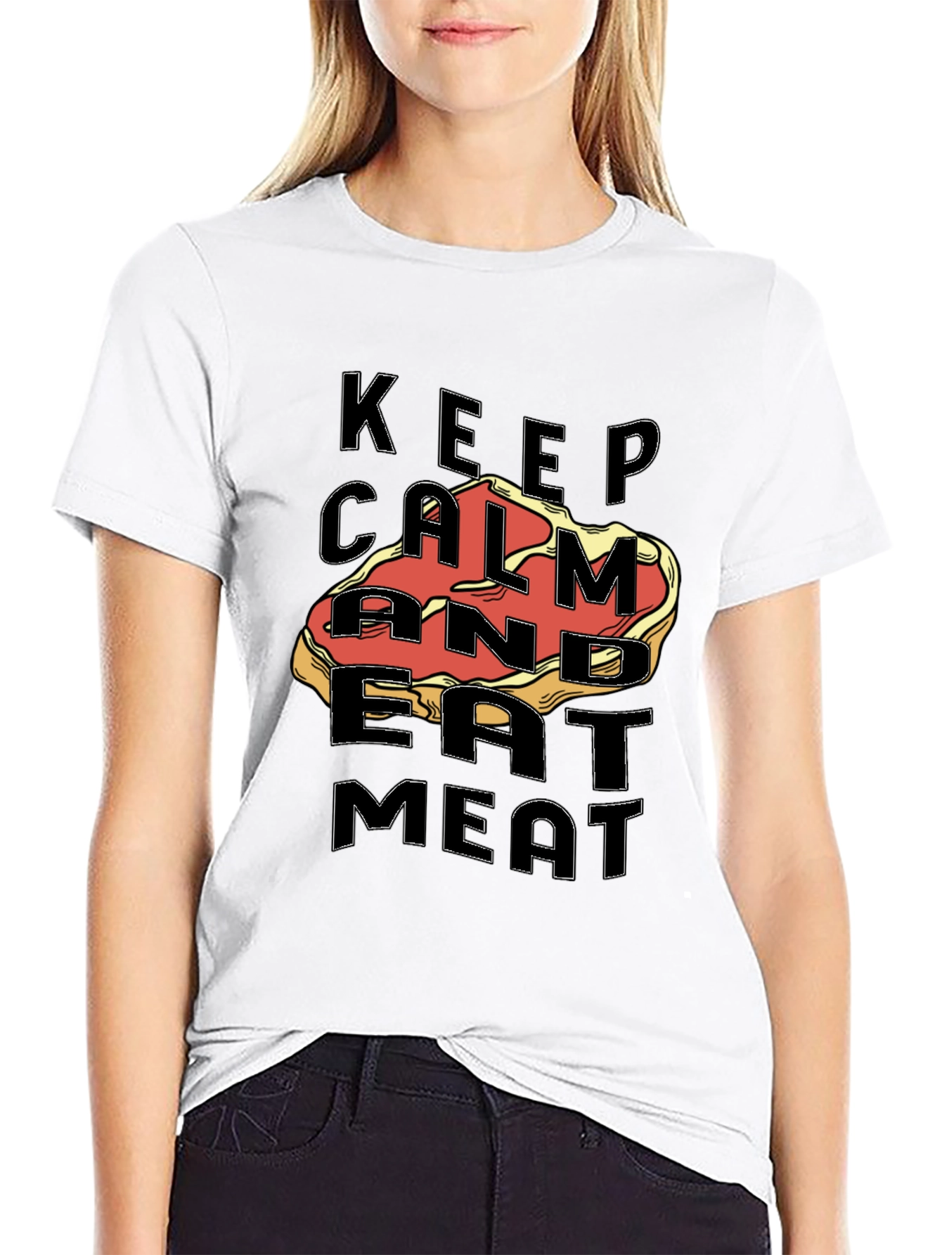 Black Keep Calm & Eat Meat Graphic Tee - Premium Black T-Shirt view 9
