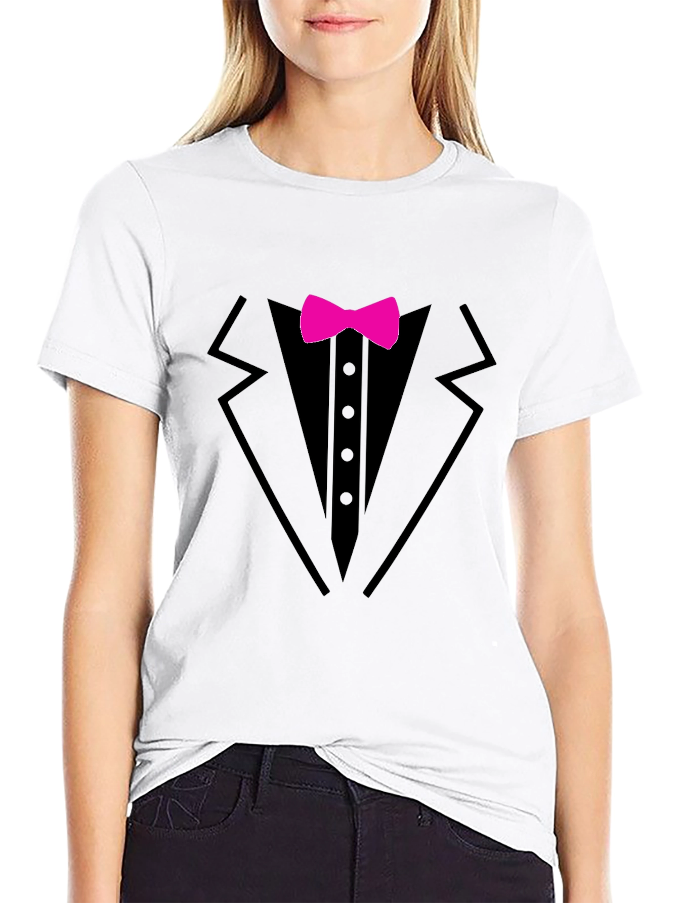 Black Tuxedo T-Shirt with Pink Bow Tie - Fun Formal Wear view 9
