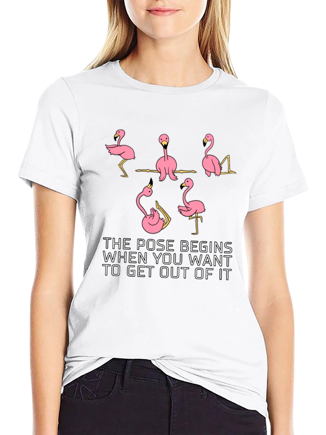 Black Funny Flamingo Yoga Pose Black T-Shirt view 9