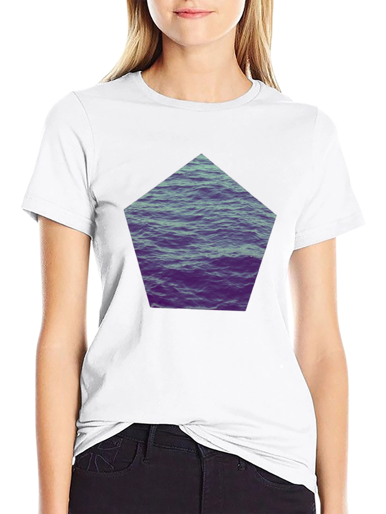 Black Black T-Shirt with Ocean Waves Graphic Print view 9