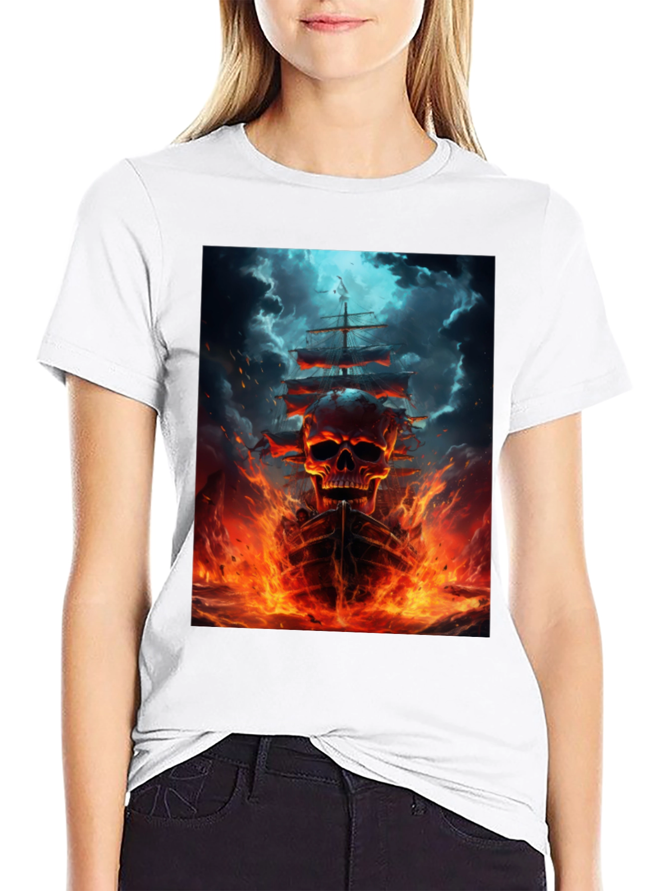 Black Skull Ship Graphic Black T-Shirt view 9