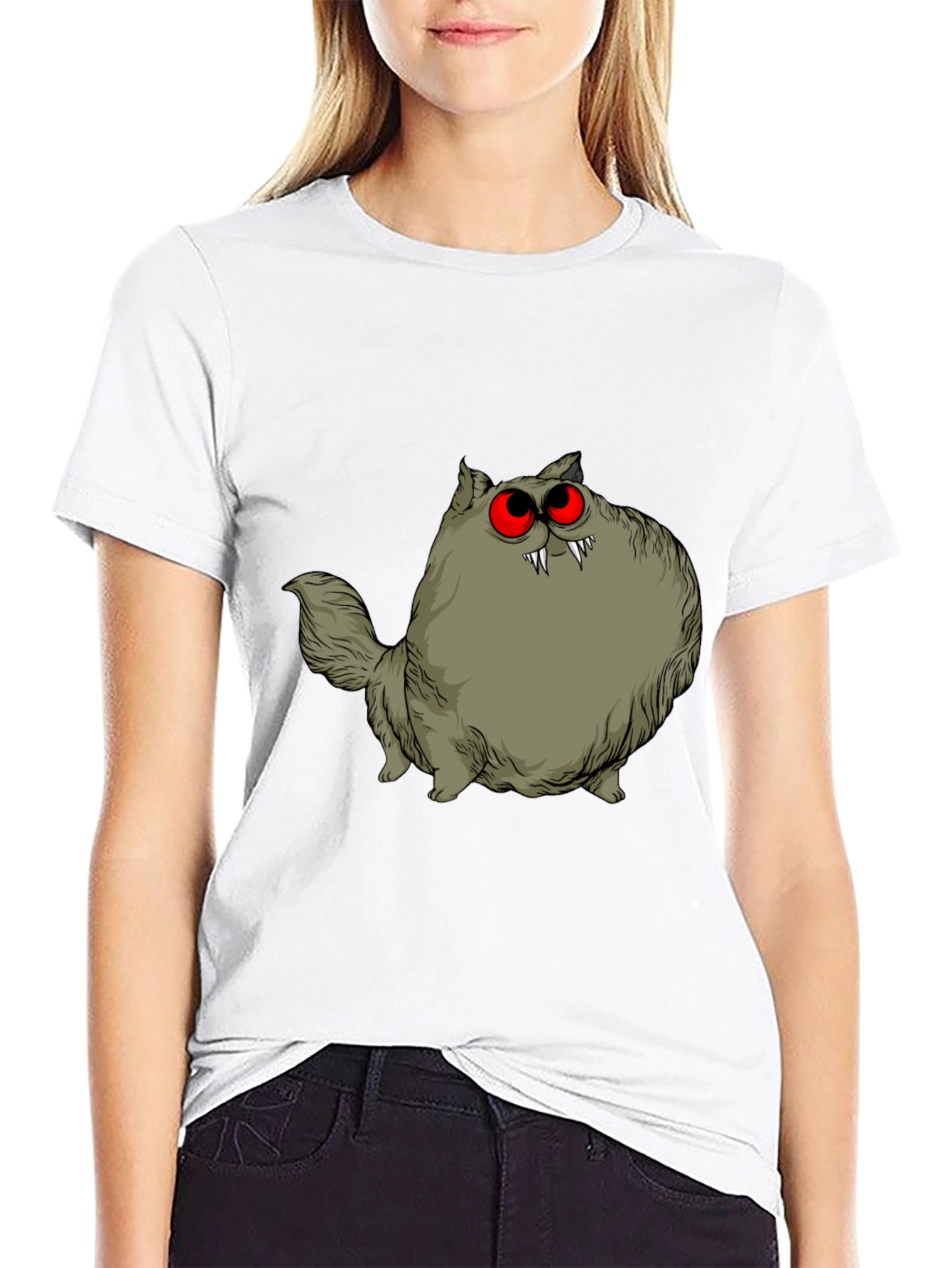 Black Creepy Cat Graphic Tee - Red Eyes, Fangs, Unique view 9