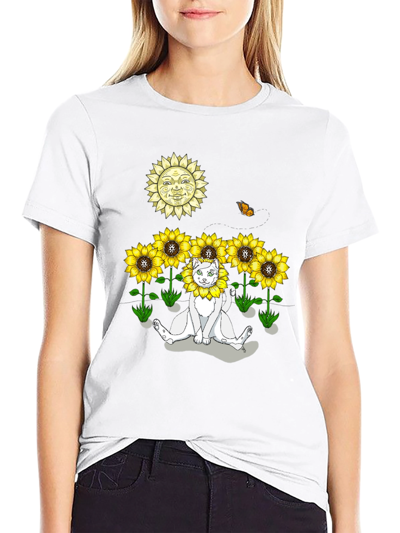 Black Sunflower Cat Graphic Tee - Black view 9