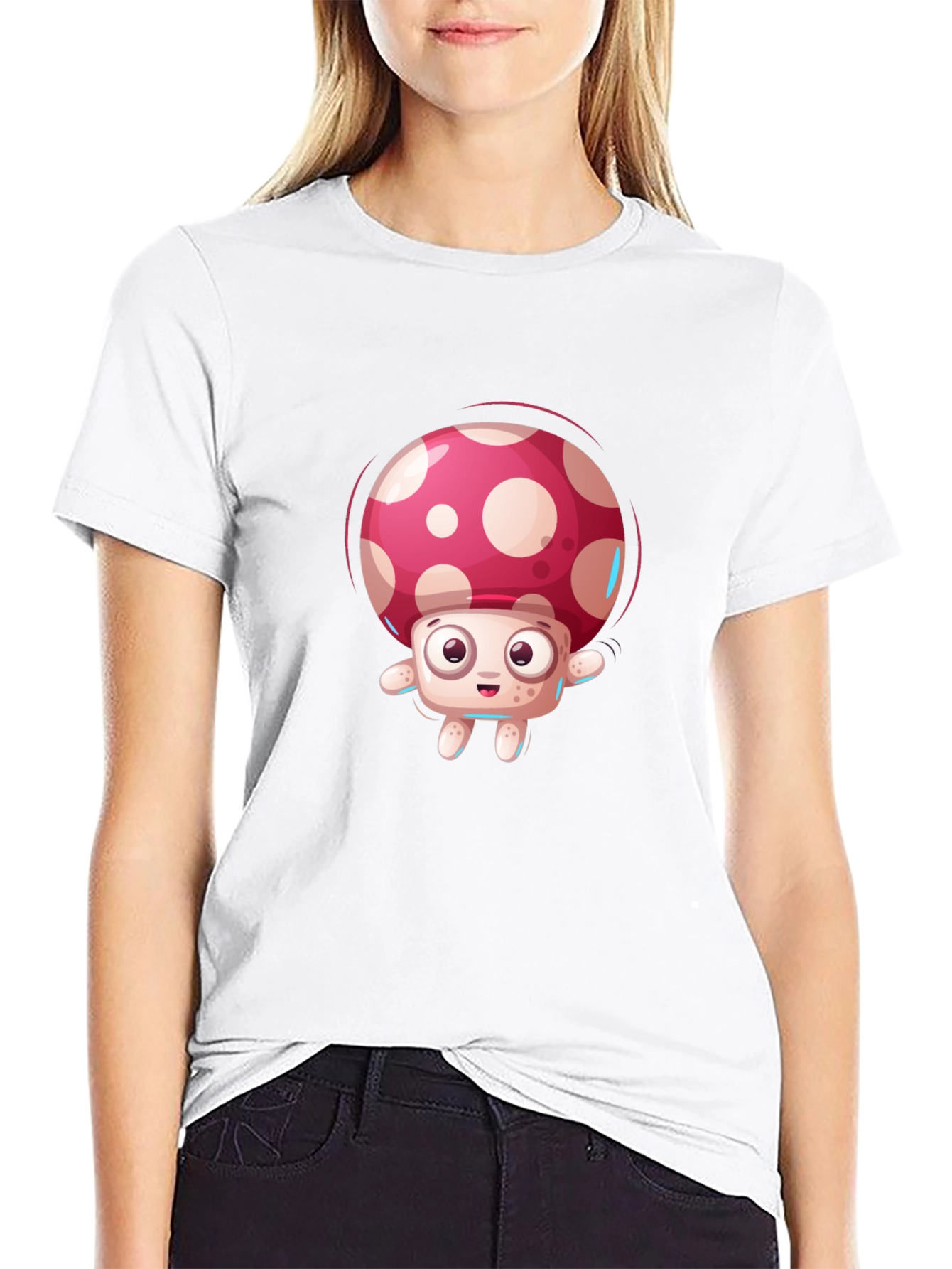 Black Cartoon Mushroom Graphic Tee - Black Casual Top view 9